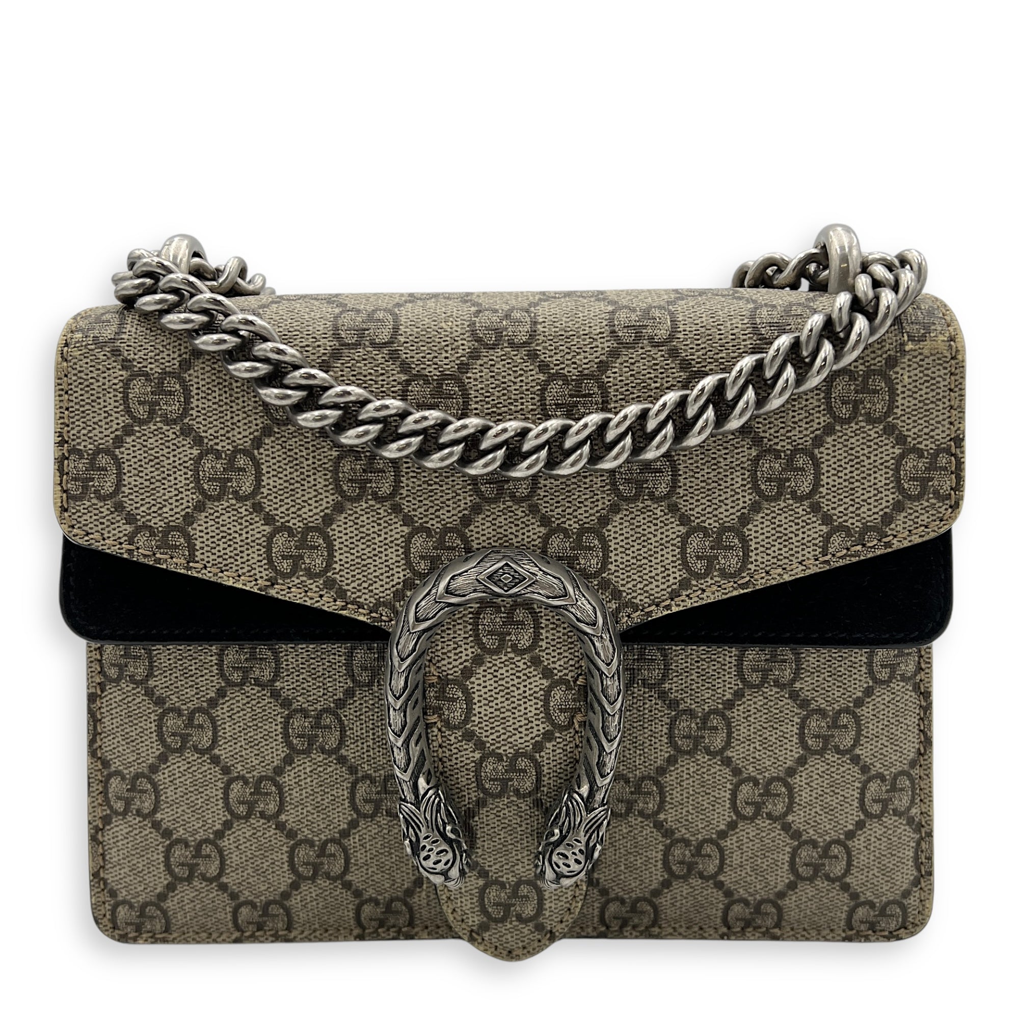 Dionysus Mini Brown Crossbody Bag in Monogram Coated Canvas, Silver hardware