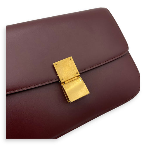 Box Medium Red Shoulder Bag in Calfskin, Brushed Gold hardware