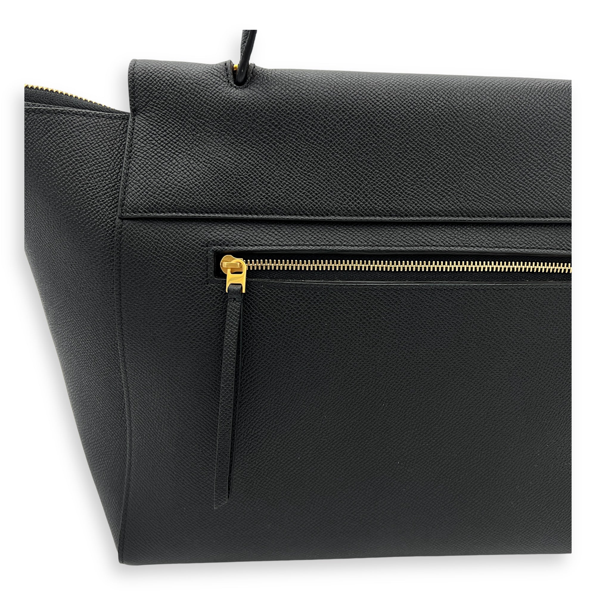 Belt Mini Black Top Handle Bag in Calfskin, Gold hardware