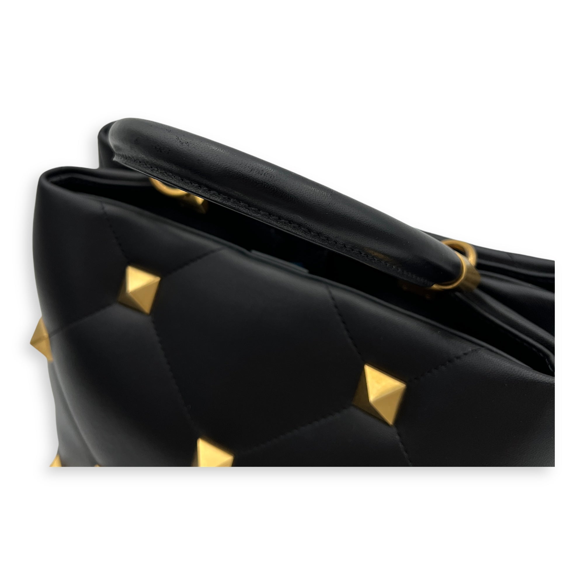 Roman Stud Top Handle Bag Medium Black in Calfskin, Gold hardware