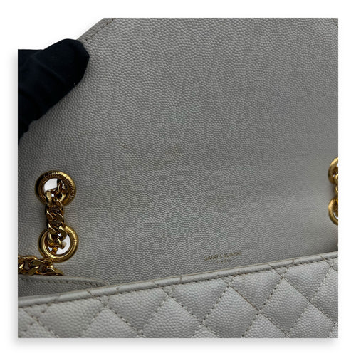 Saint Laurent Envelope Shoulder Bag White in Caviar Leather, Gold hardware_11