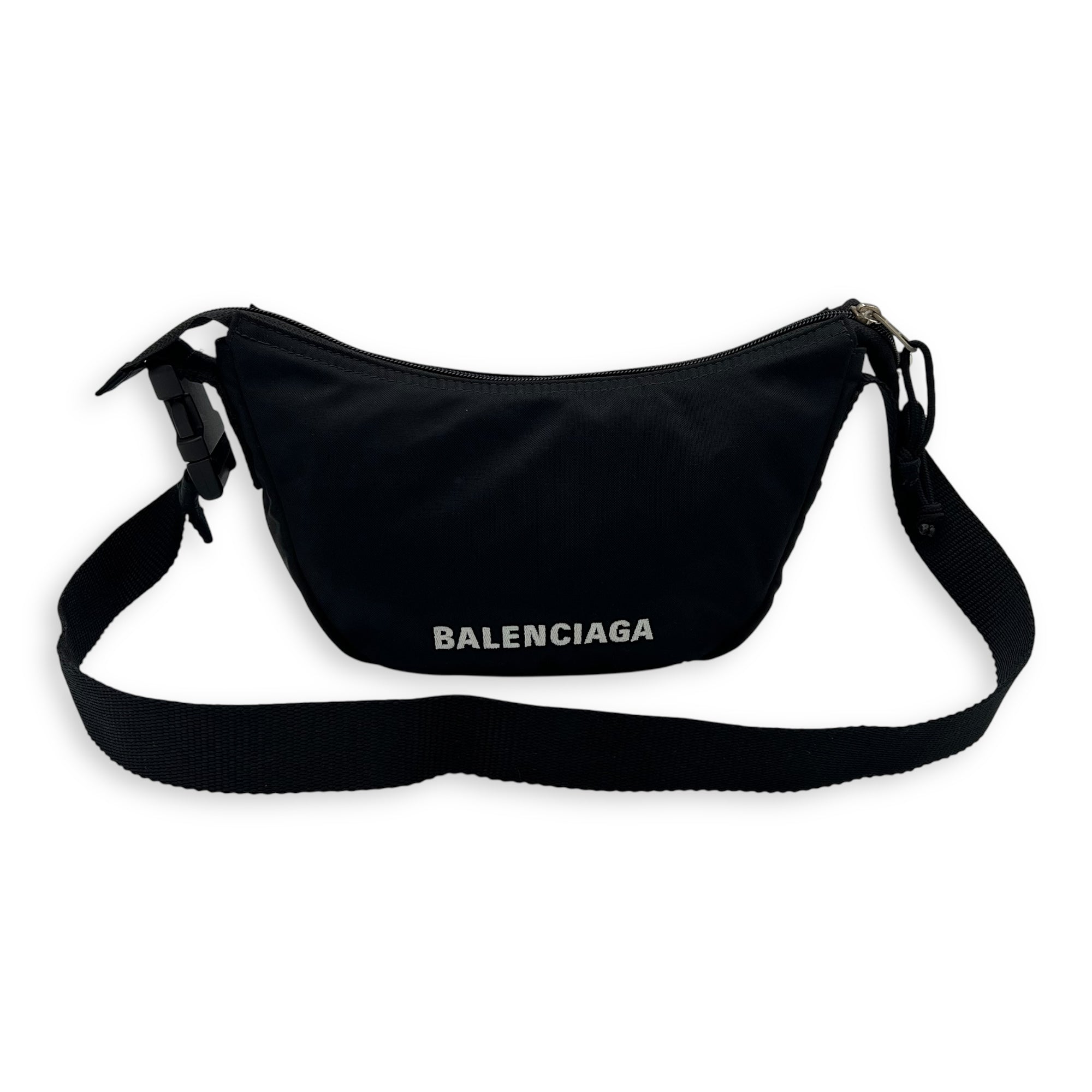 Balenciaga Logo Shoulder Bag Black in Canvas, Silver hardware_10
