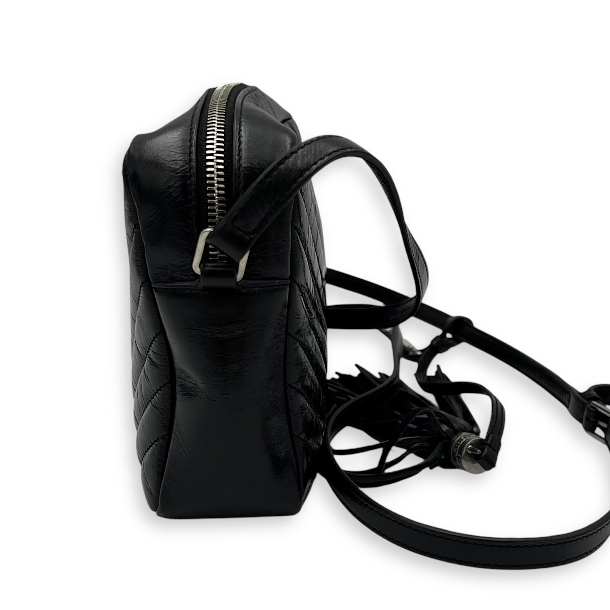Saint Laurent Lou Camera Black Crossbody Bag in Calfskin, Silver hardware_4