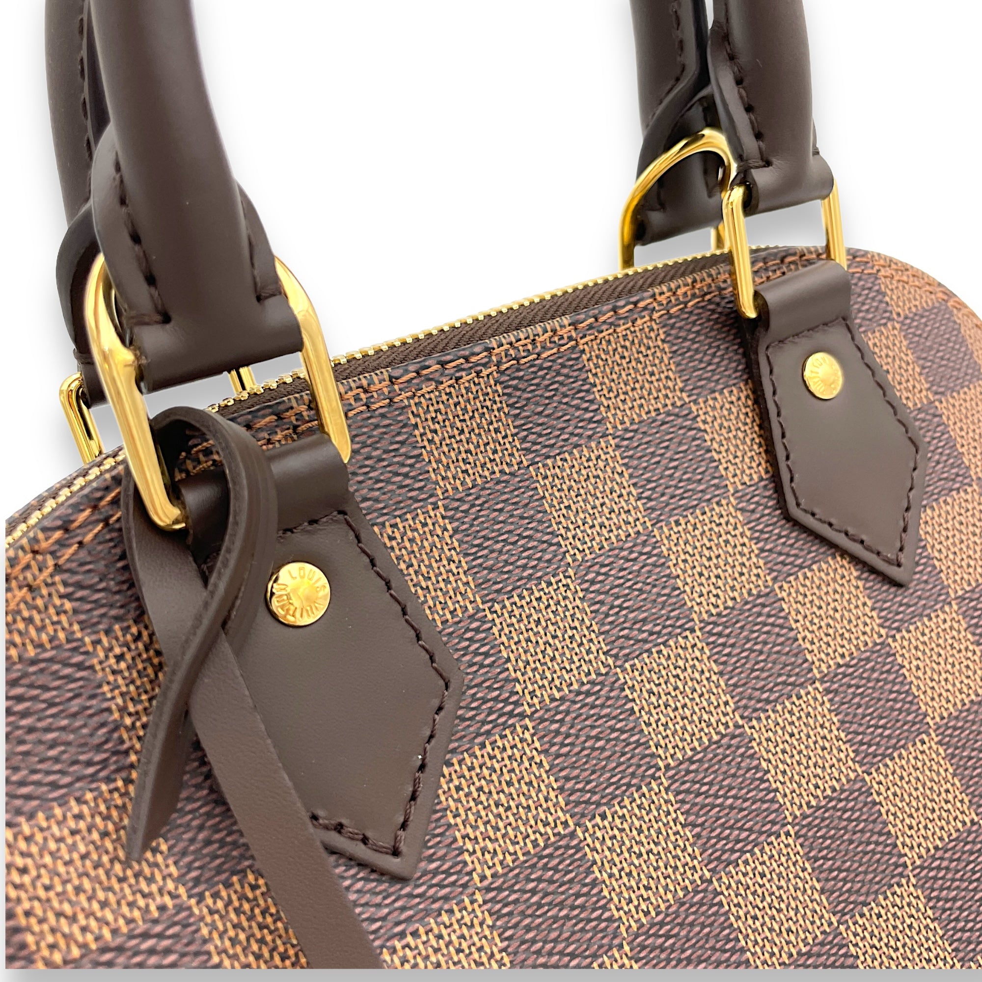 Alma Top Handle Bag BB Damier Ebene in Coated Canvas, Gold hardware