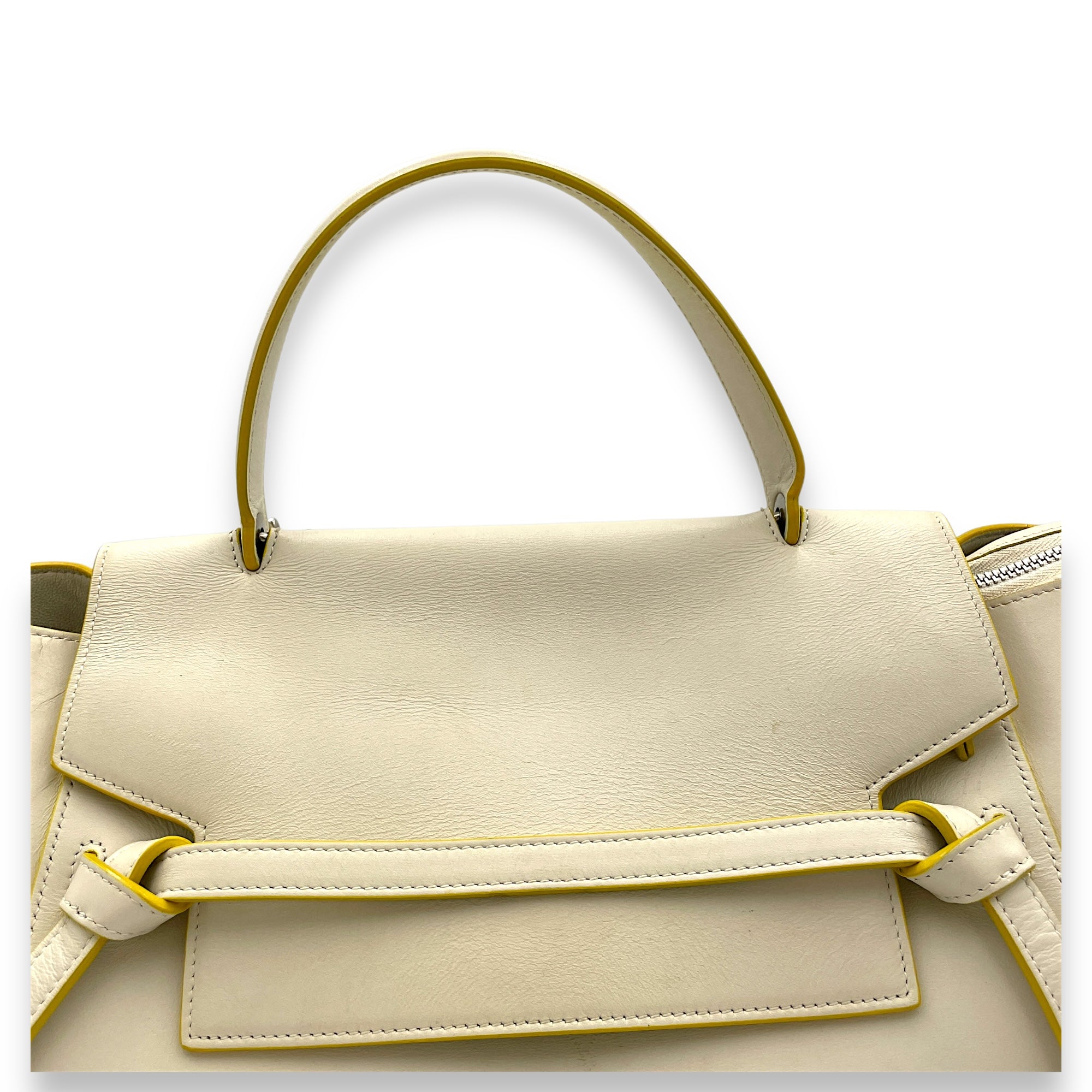 Belt Mini White Top Handle Bag in Calfskin, Silver hardware