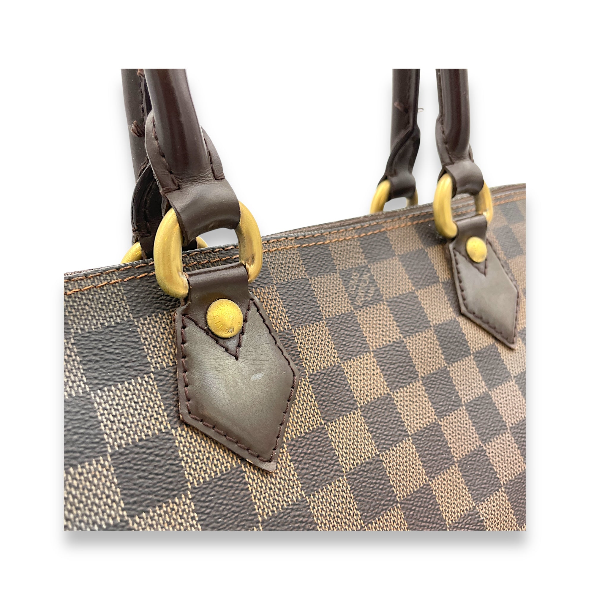 Saleya Top Handle Bag Damier Ebene in Coated Canvas, Gold hardware