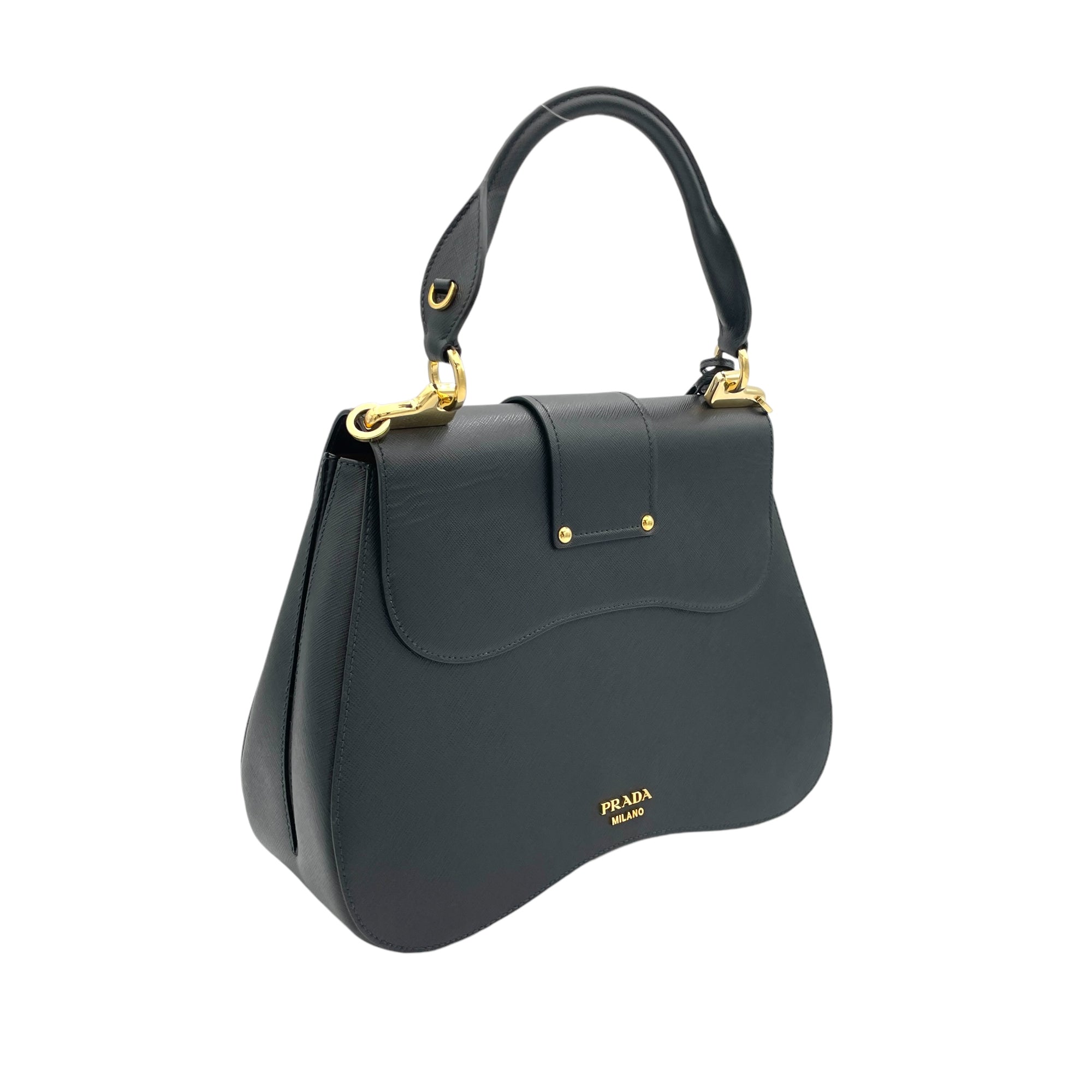 Sidonie Large Black Top Handle Bag in Saffiano Leather, Gold hardware