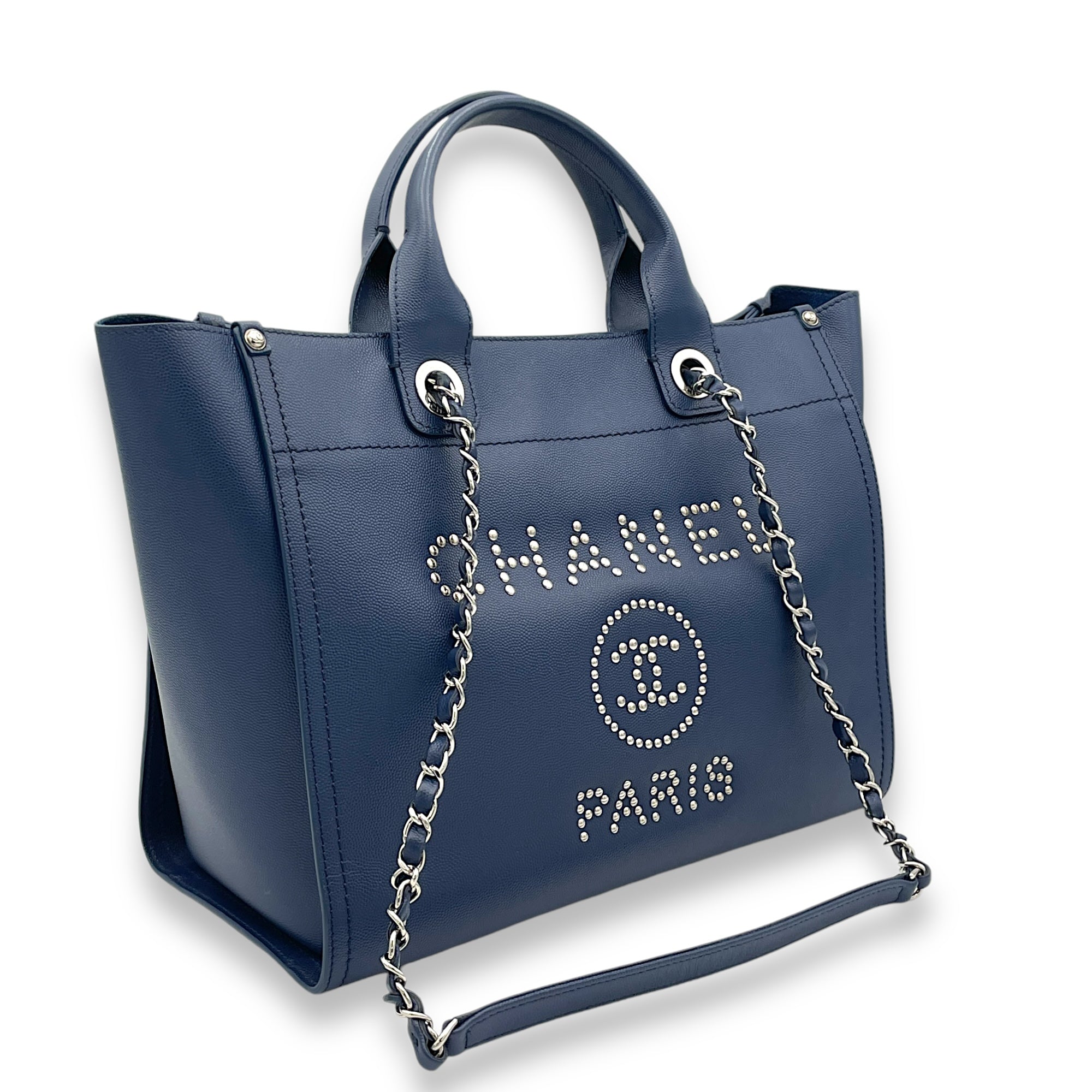 Deauville Top Handle Bag Blue in Caviar Leather, Silver hardware