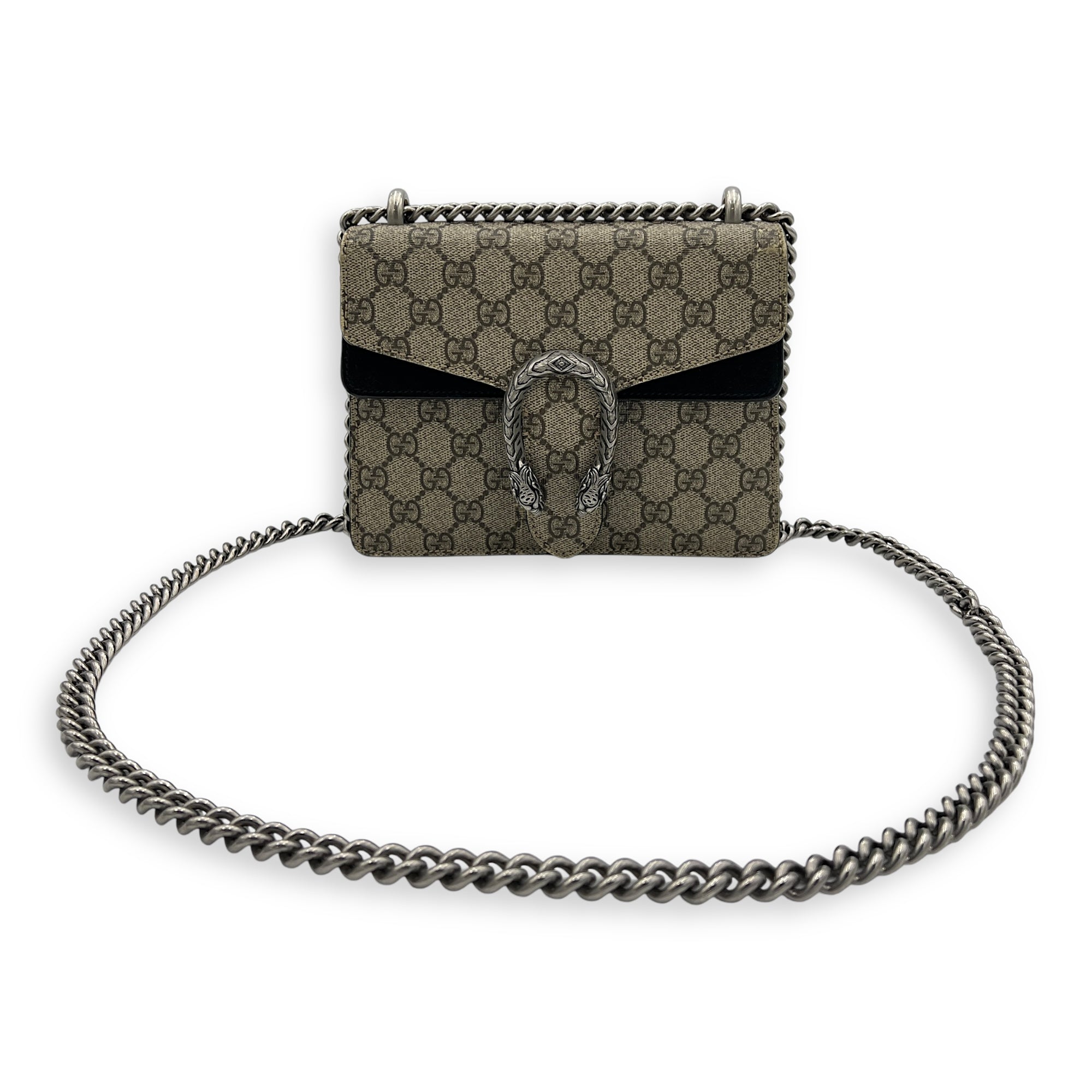 Dionysus Mini Brown Crossbody Bag in Monogram Coated Canvas, Silver hardware