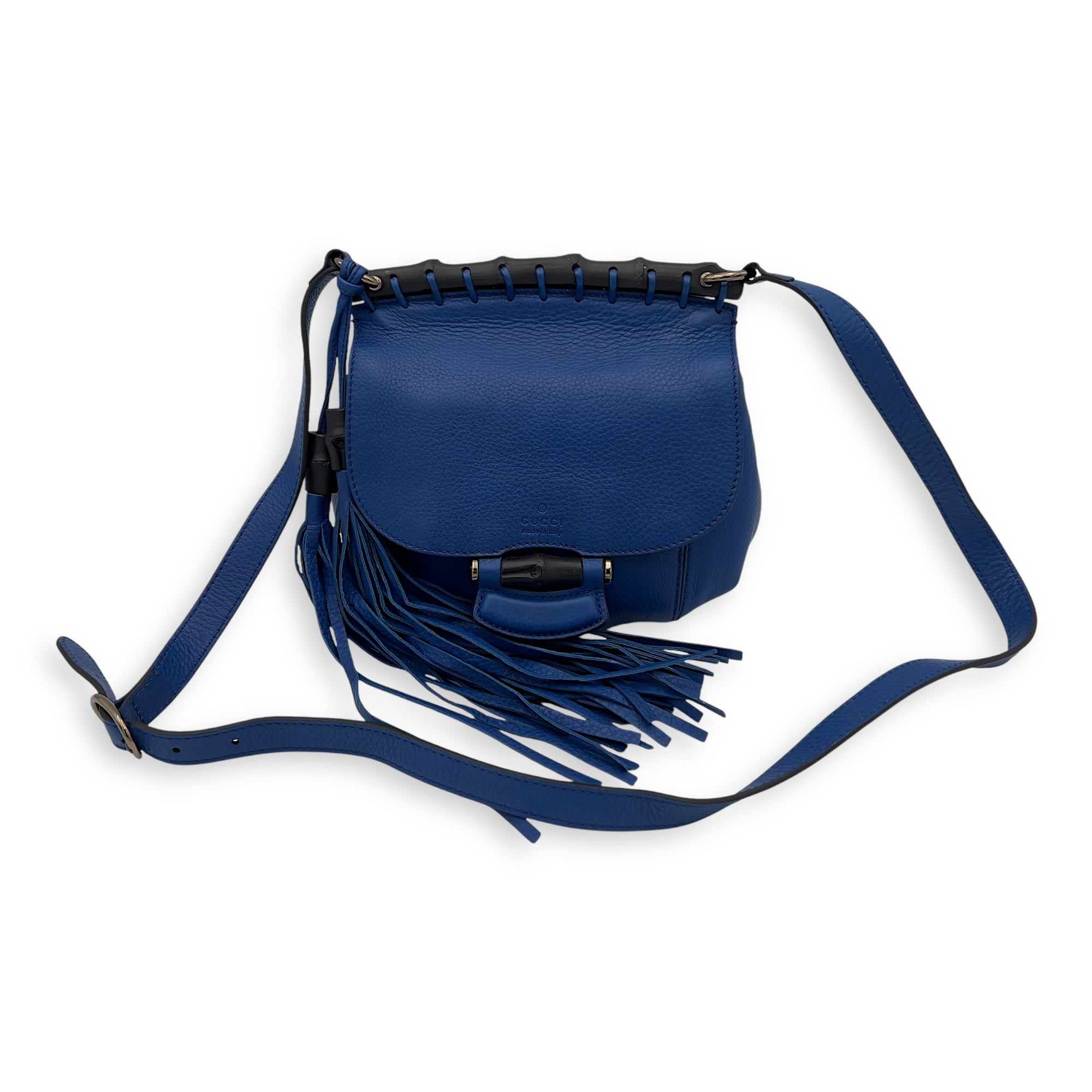 Bamboo Crossbody Bag Blue in Calfskin, Silver hardware