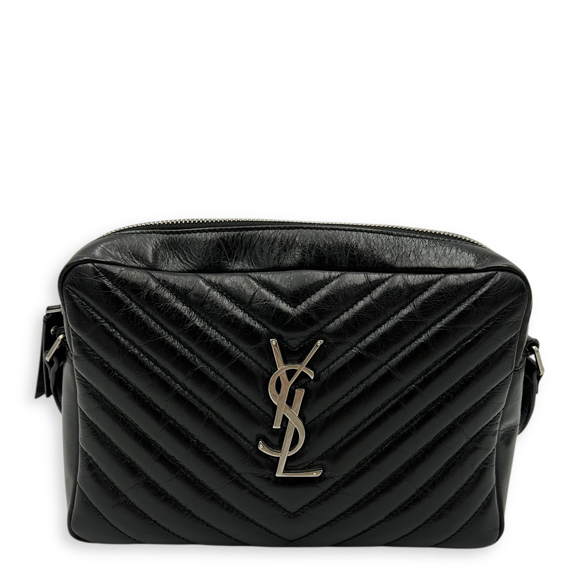 Saint Laurent Lou Camera Black Crossbody Bag in Calfskin, Silver hardware_1