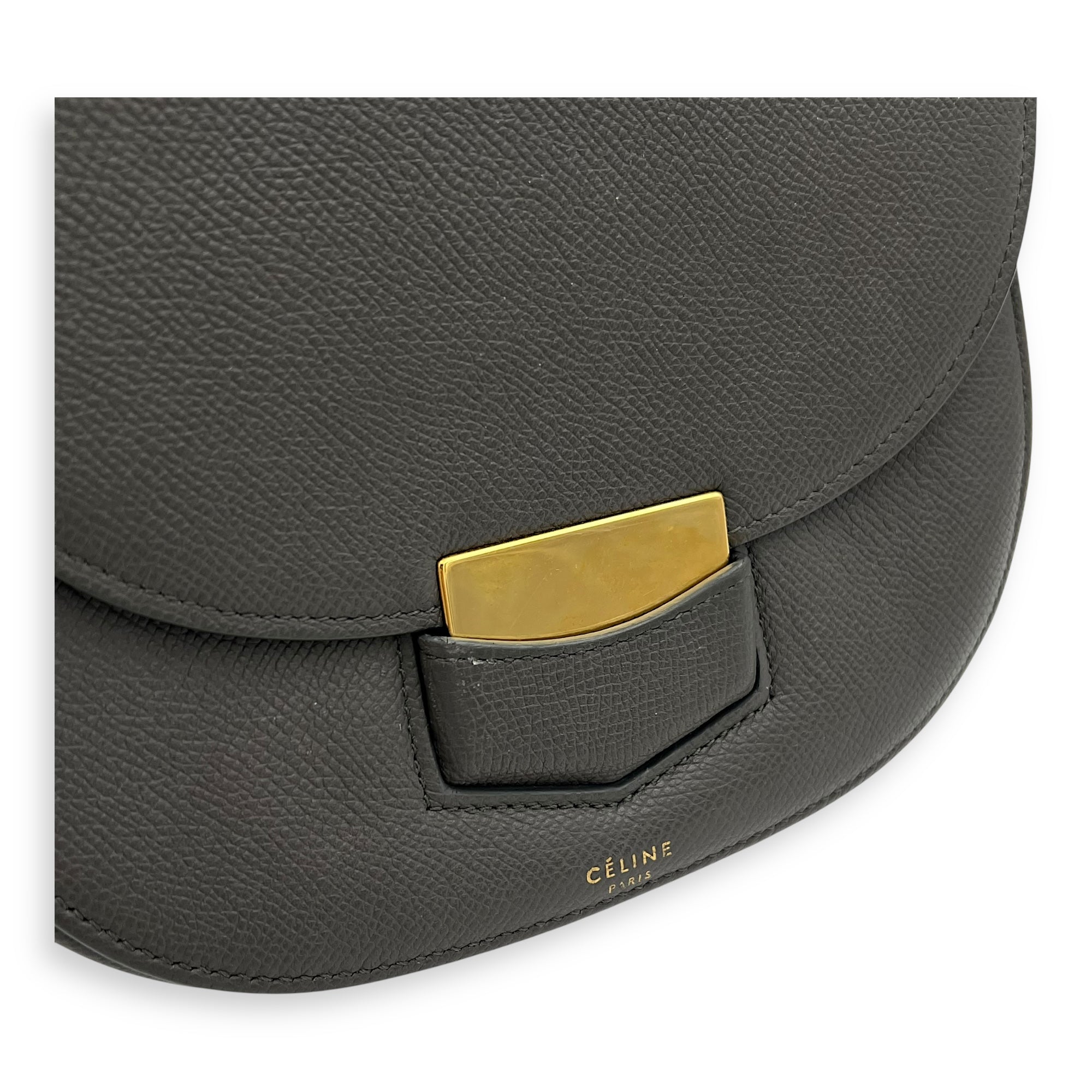 Celine Trotteur Crossbody Bag Grey in Calfskin, Gold hardware_13