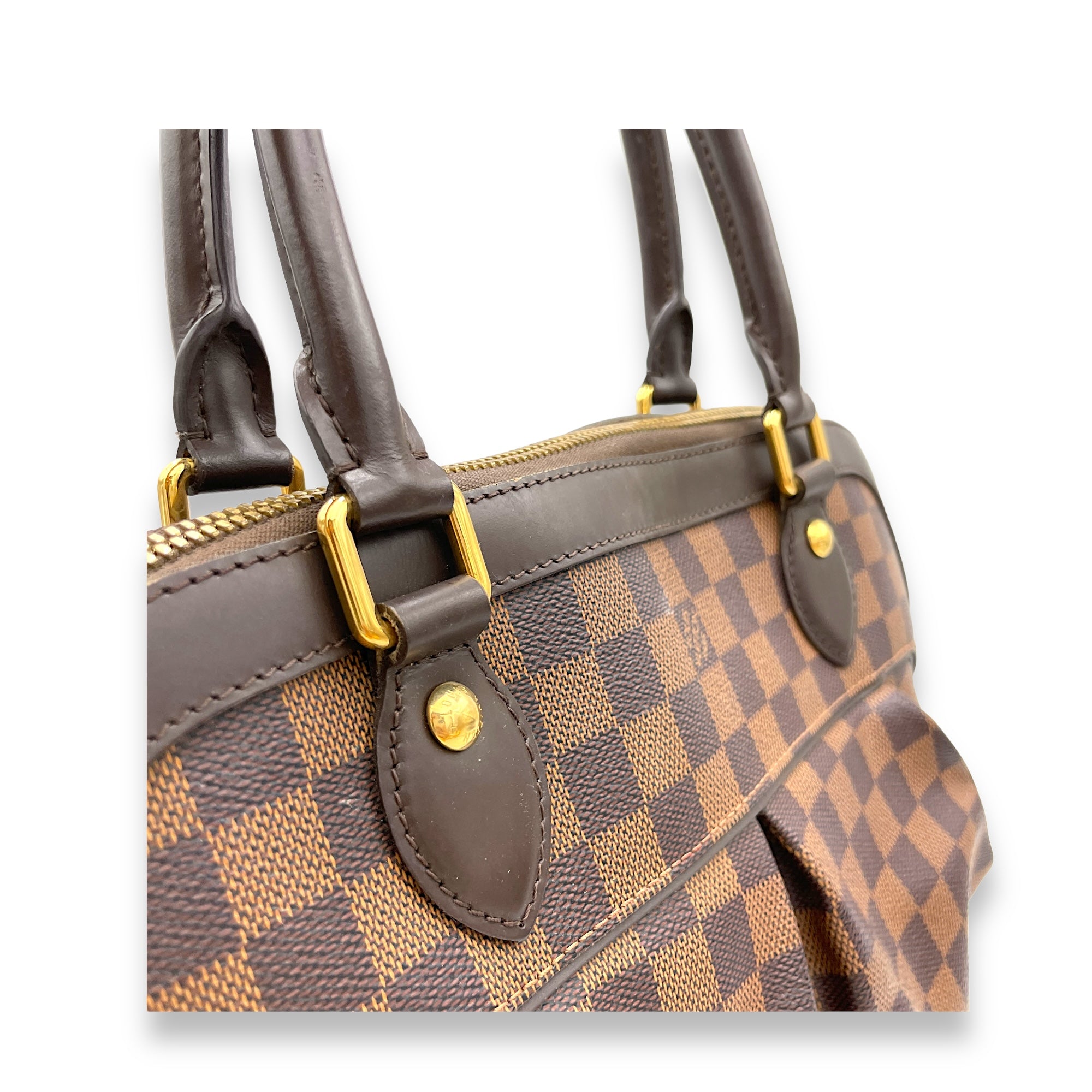 Trevi Top Handle Bag GM Damier Ebene in Coated Canvas, Gold hardware