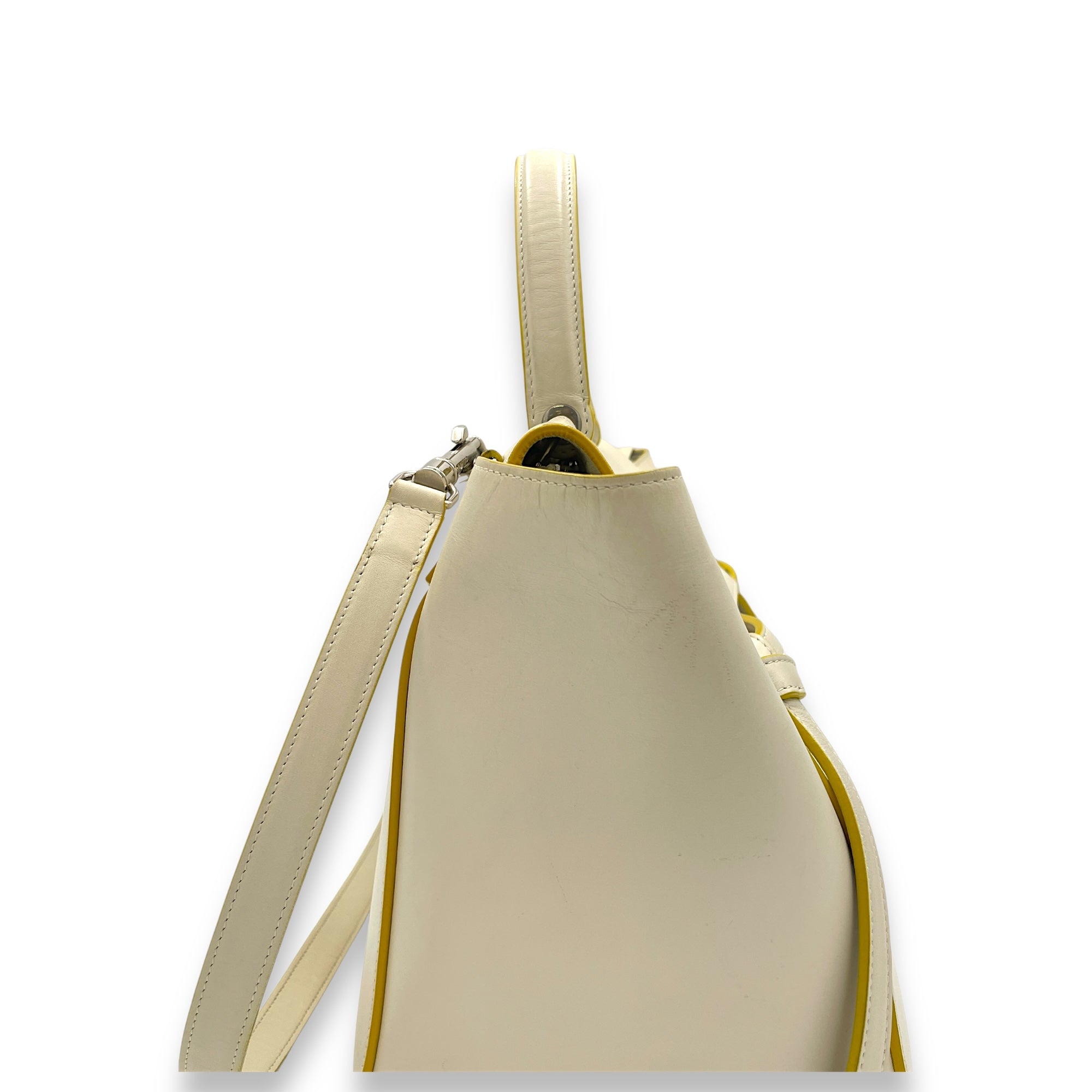 Belt Mini White Top Handle Bag in Calfskin, Silver hardware