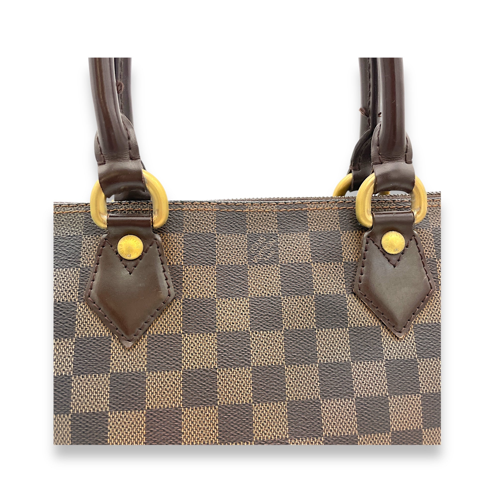 Saleya Top Handle Bag Damier Ebene in Coated Canvas, Gold hardware