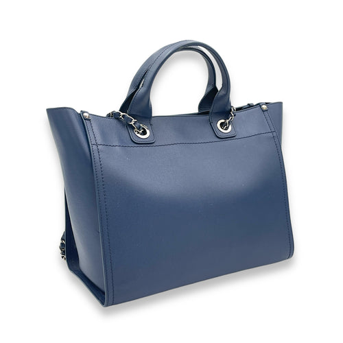 Deauville Top Handle Bag Blue in Caviar Leather, Silver hardware