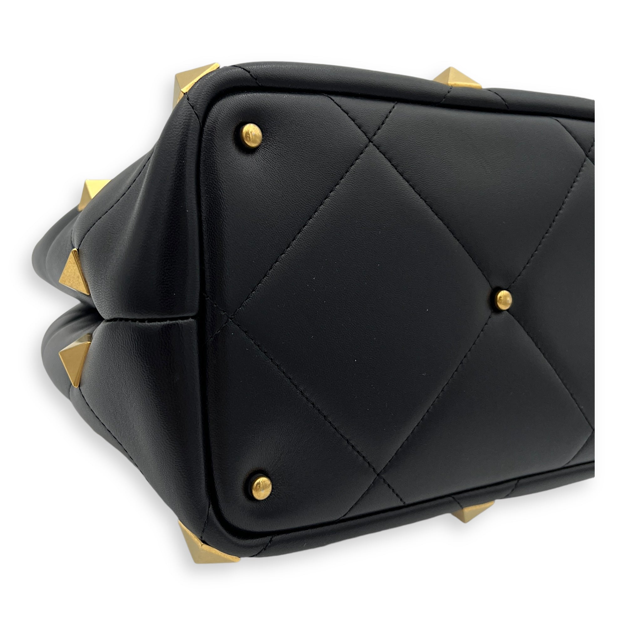 Roman Stud Top Handle Bag Medium Black in Calfskin, Gold hardware