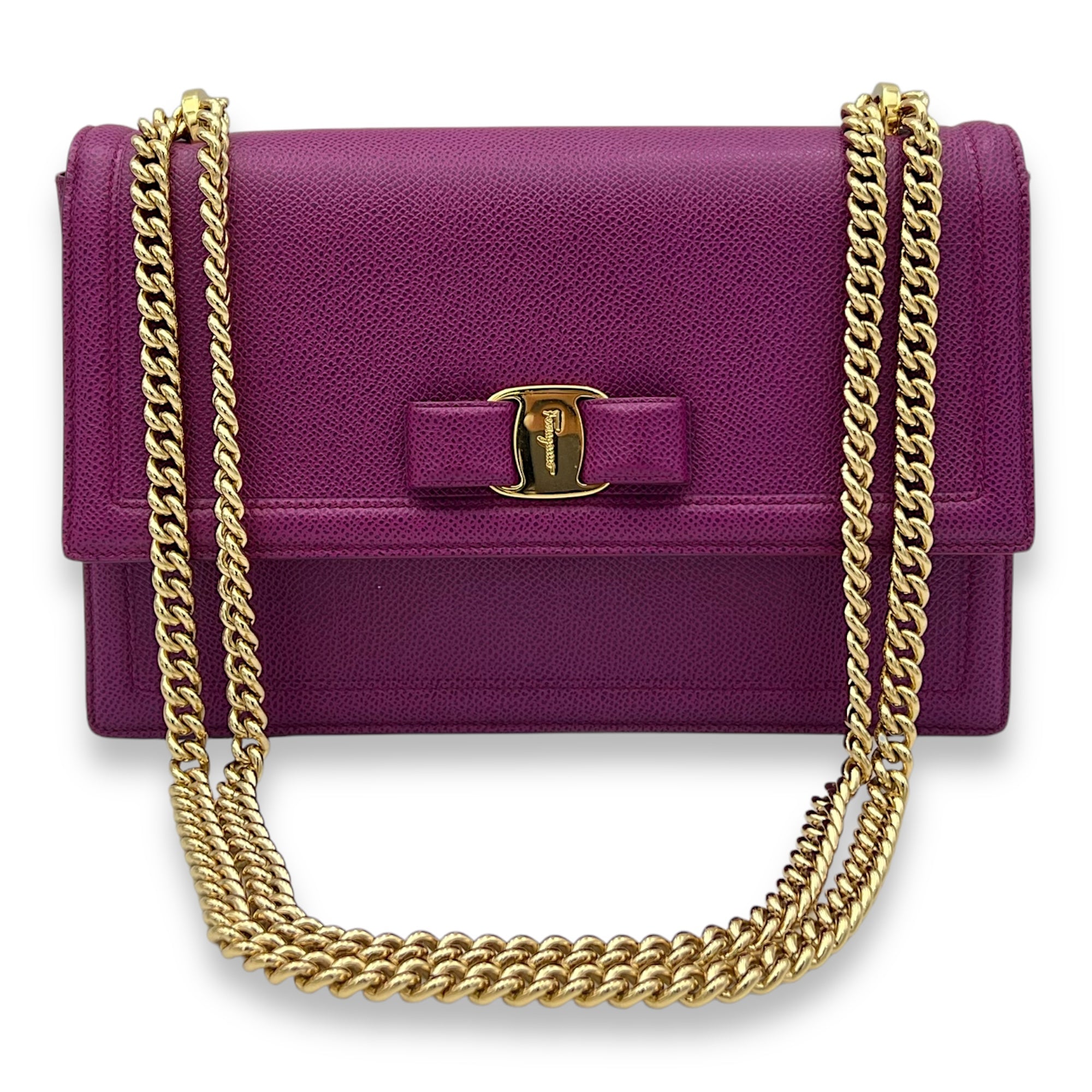 Salvatore Ferragamo Vara Bow Shoulder Bag Purple in Calfskin, Gold hardware_7