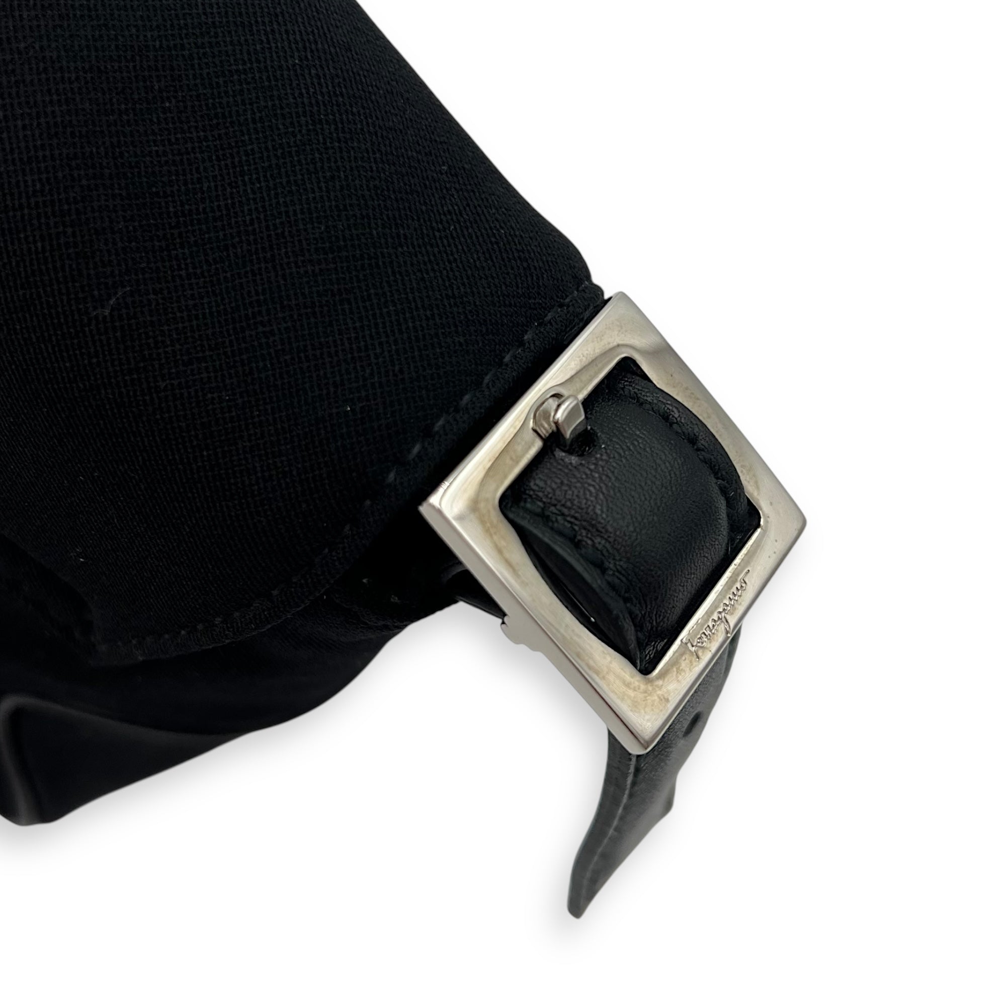 Salvatore Ferragamo Logo Shoulder Bag Black in Nylon, Silver hardware_8