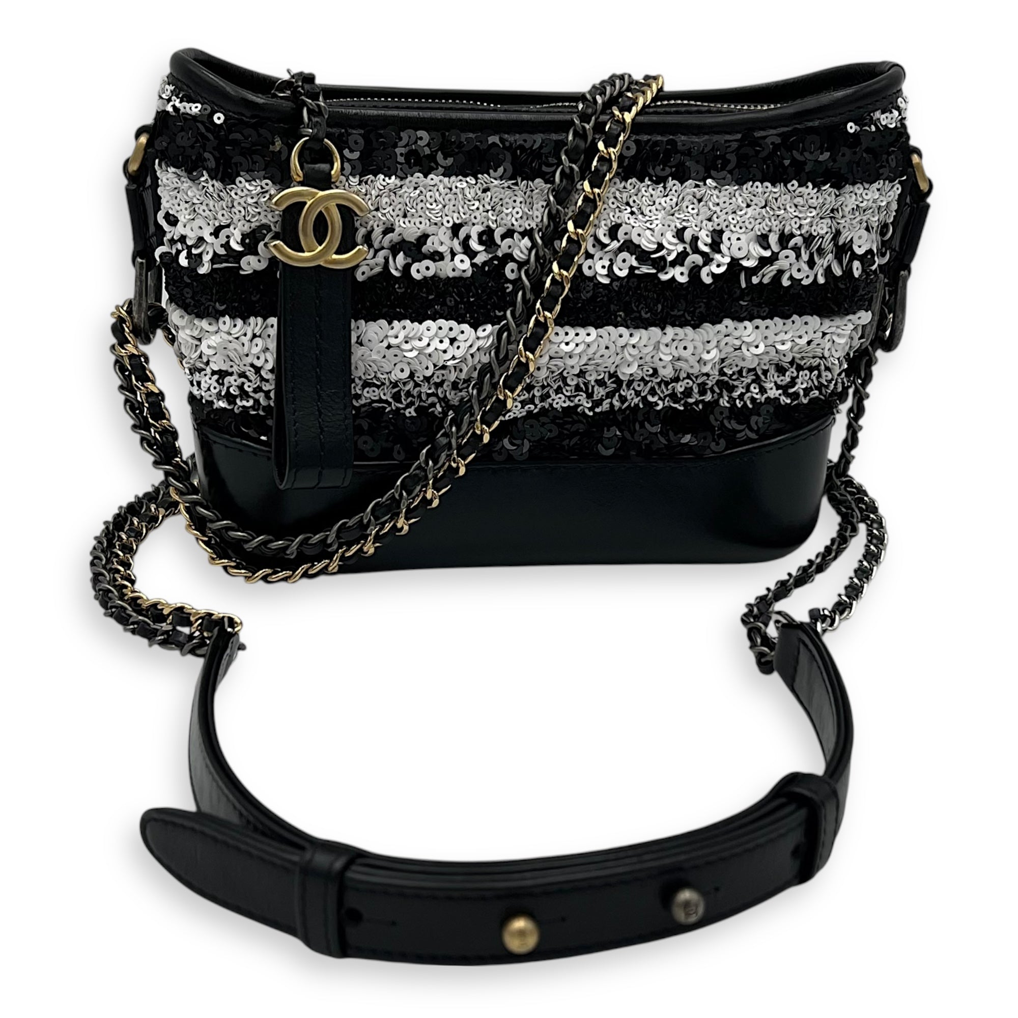 Chanel Gabrielle Small Black - White Shoulder Bag in Sequins, Gold hardware_10