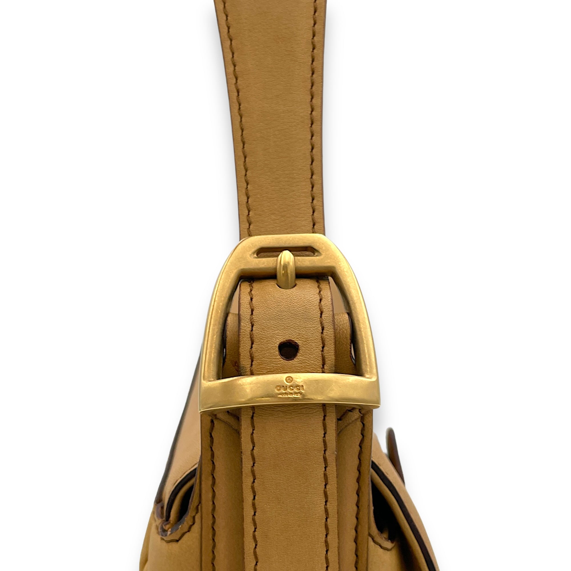 Horsebit Brown Shoulder Bag in Calfskin, Gold hardware