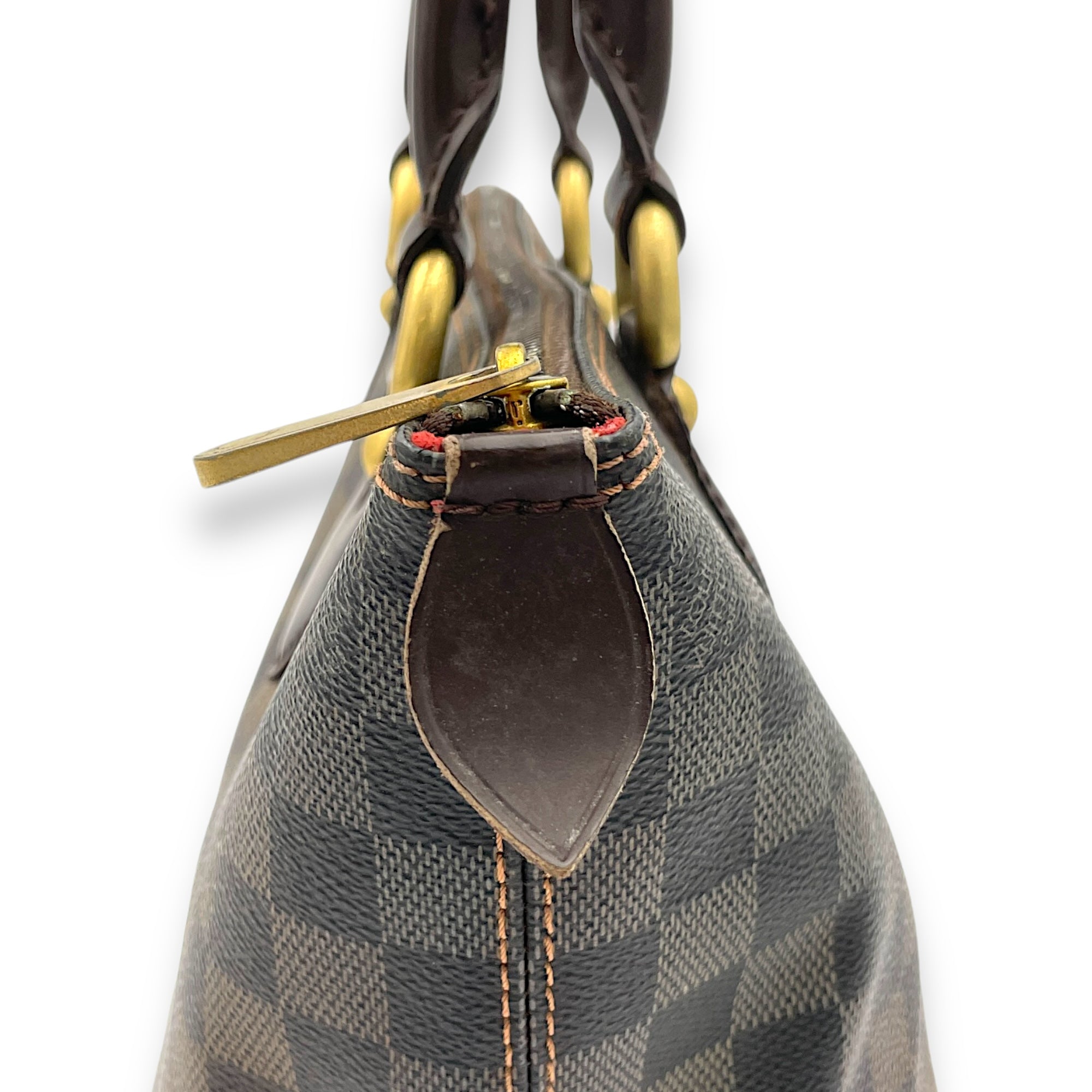 Saleya Top Handle Bag Damier Ebene in Coated Canvas, Gold hardware