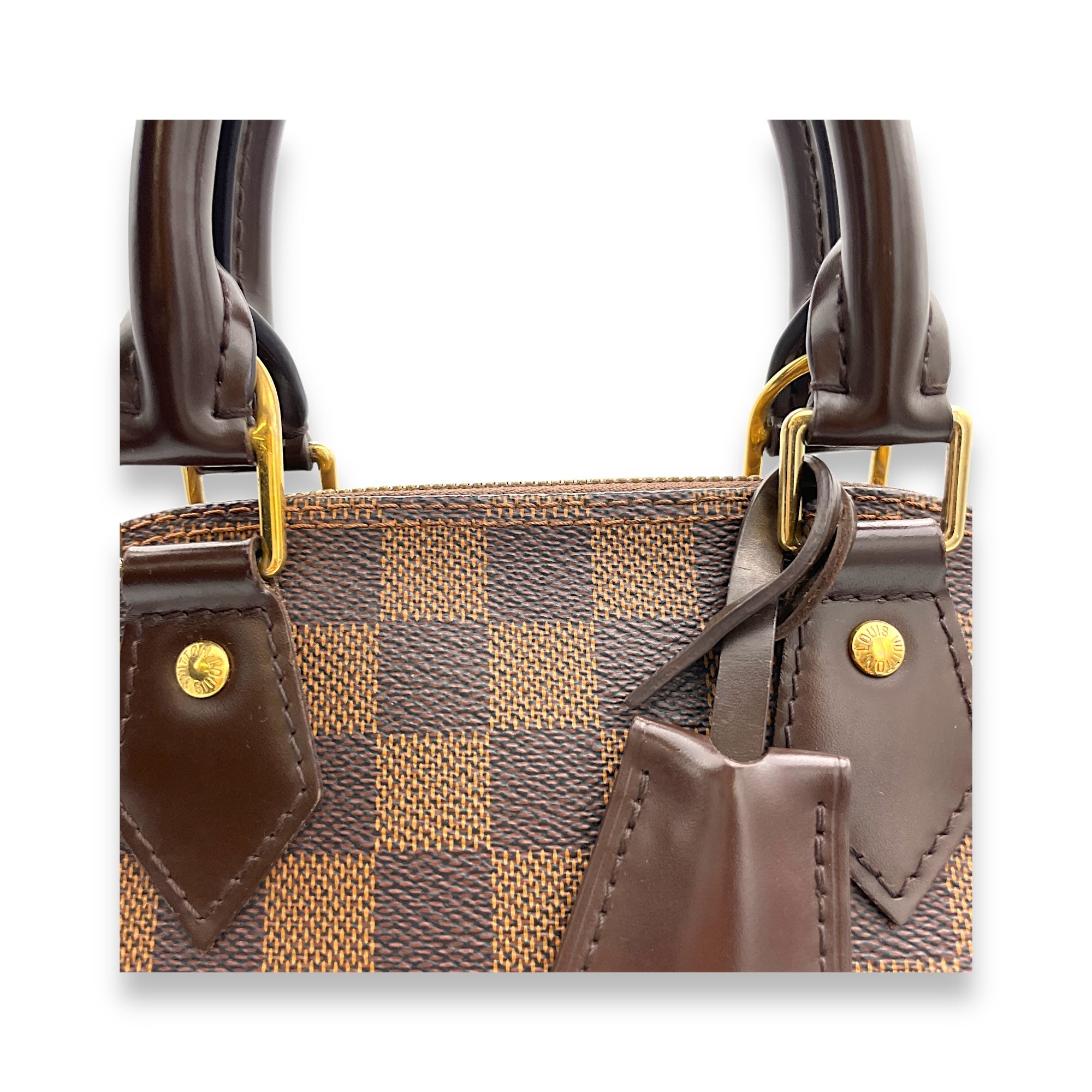 Alma BB Damier Ebene Top Handle Bag in Coated Canvas, Gold hardware