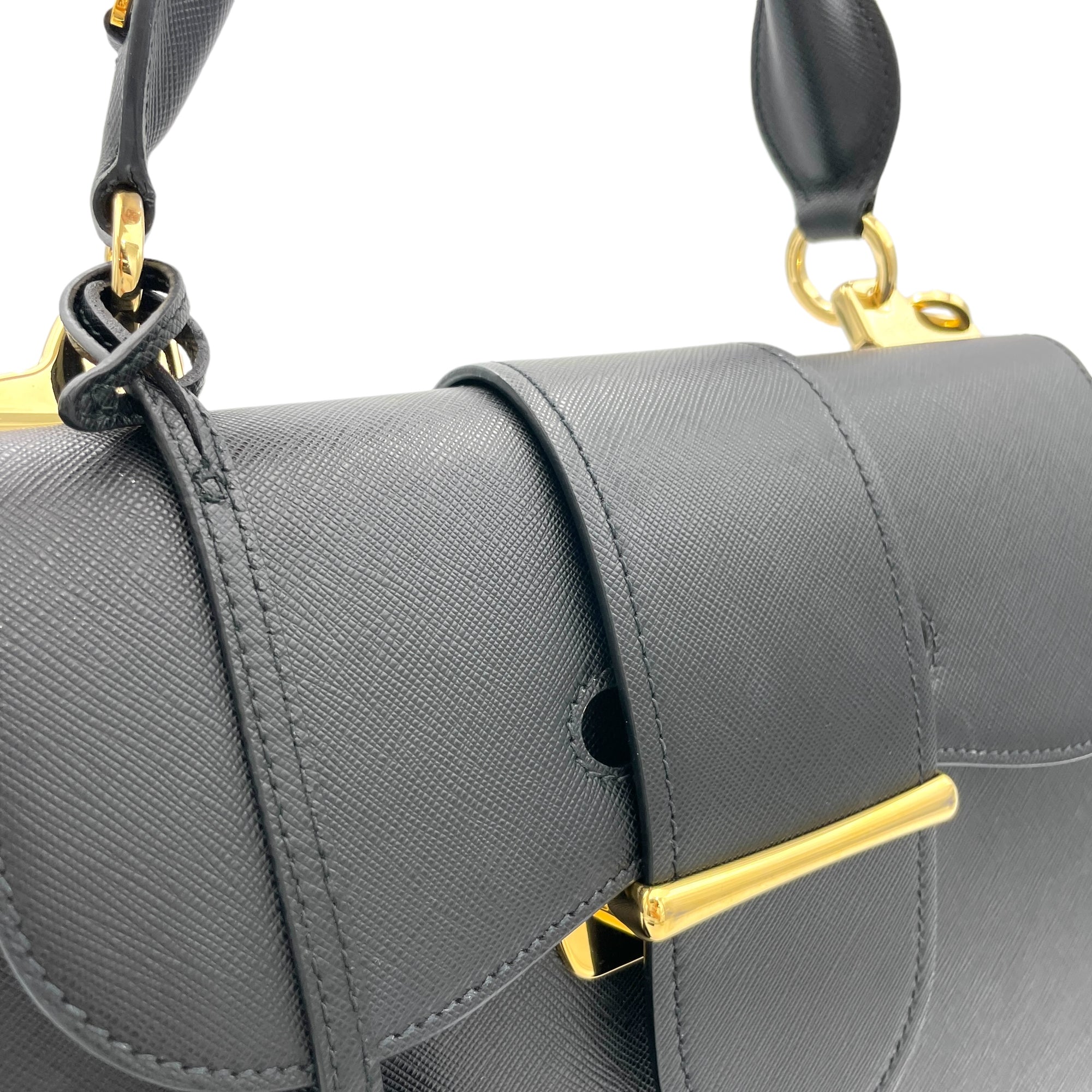 Sidonie Large Black Top Handle Bag in Saffiano Leather, Gold hardware