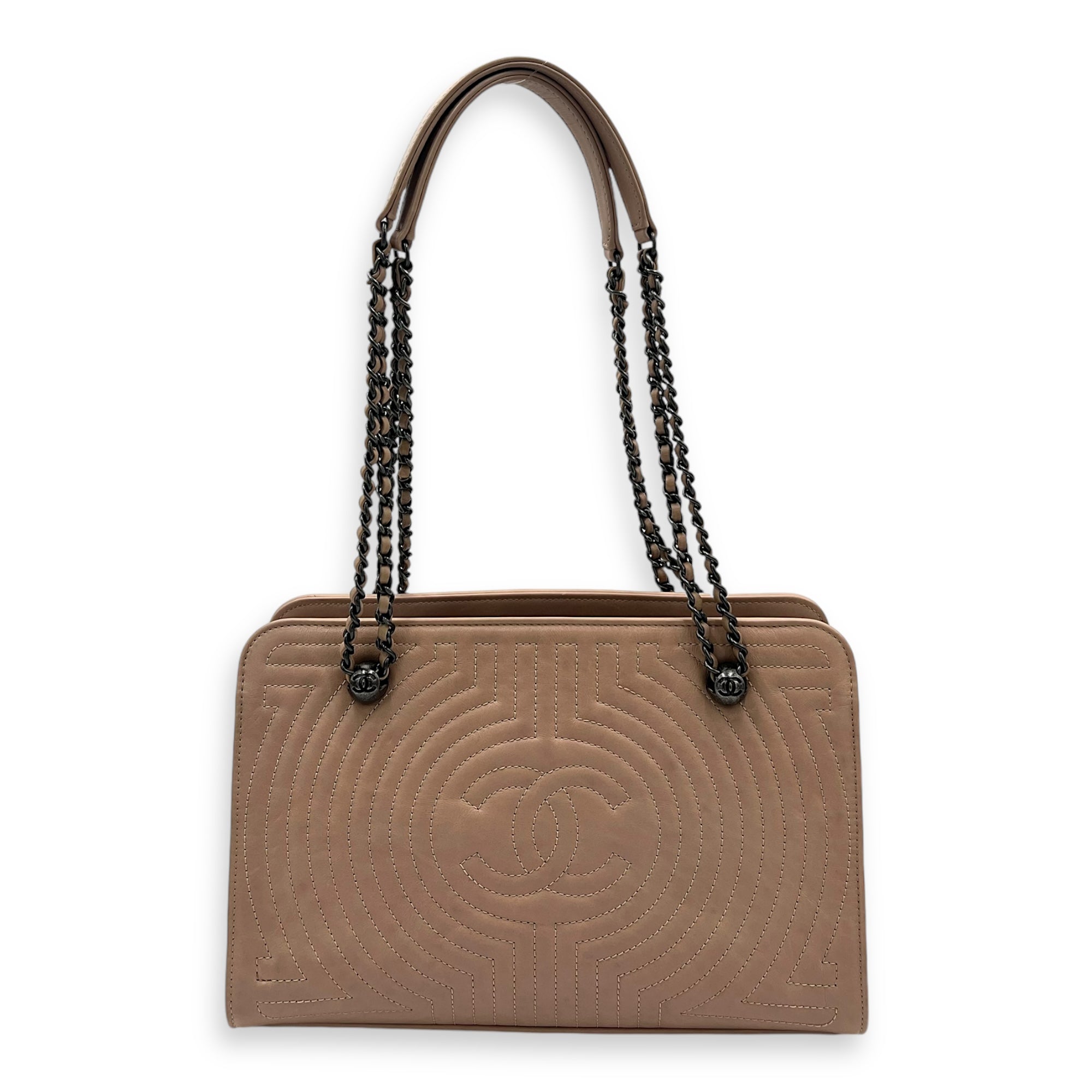 CC Quilted Beige Tote Bag in Calfskin, Ruthenium hardware