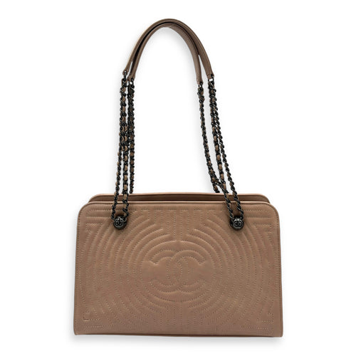 CC Quilted Beige Tote Bag in Calfskin, Ruthenium hardware