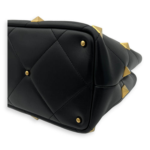 Roman Stud Top Handle Bag Medium Black in Calfskin, Gold hardware