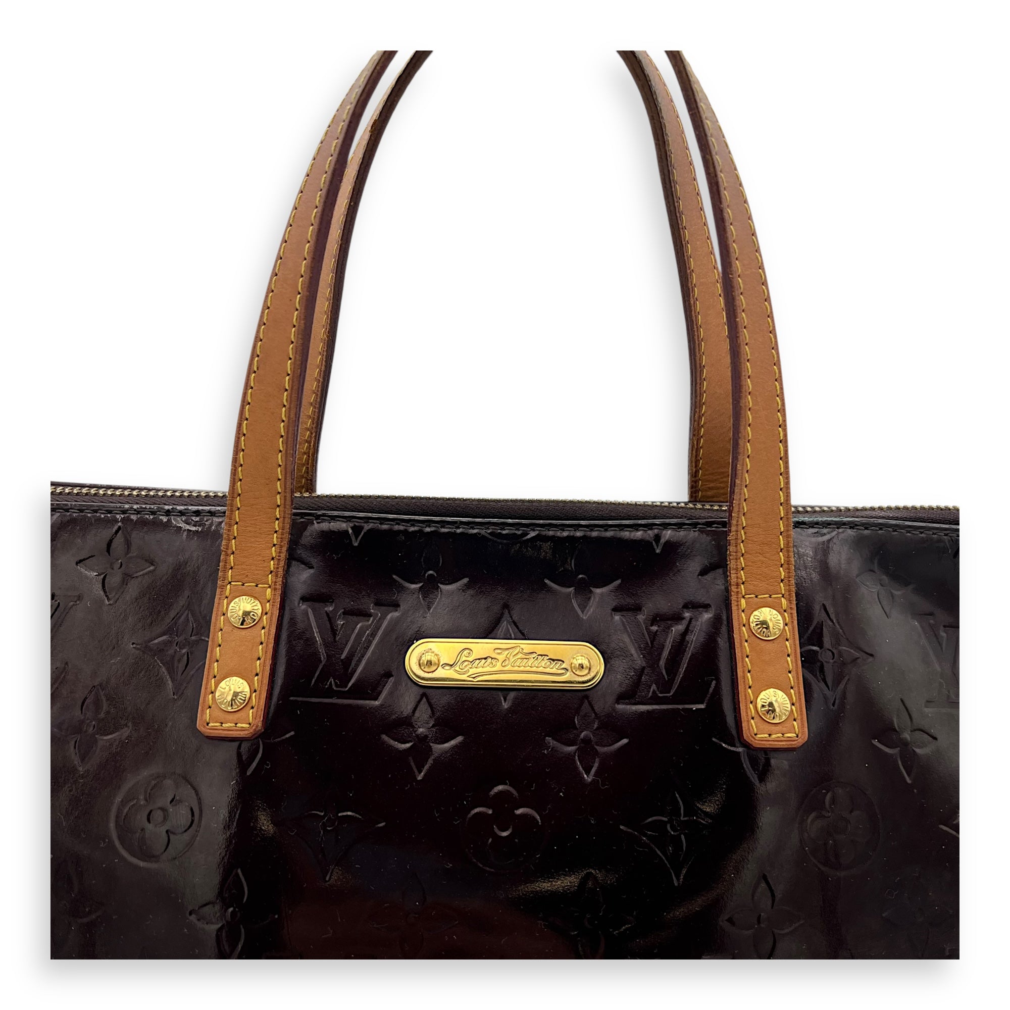 Louis Vuitton Bellevue Amarante Top Handle Bag in Vernis, Gold hardware_7