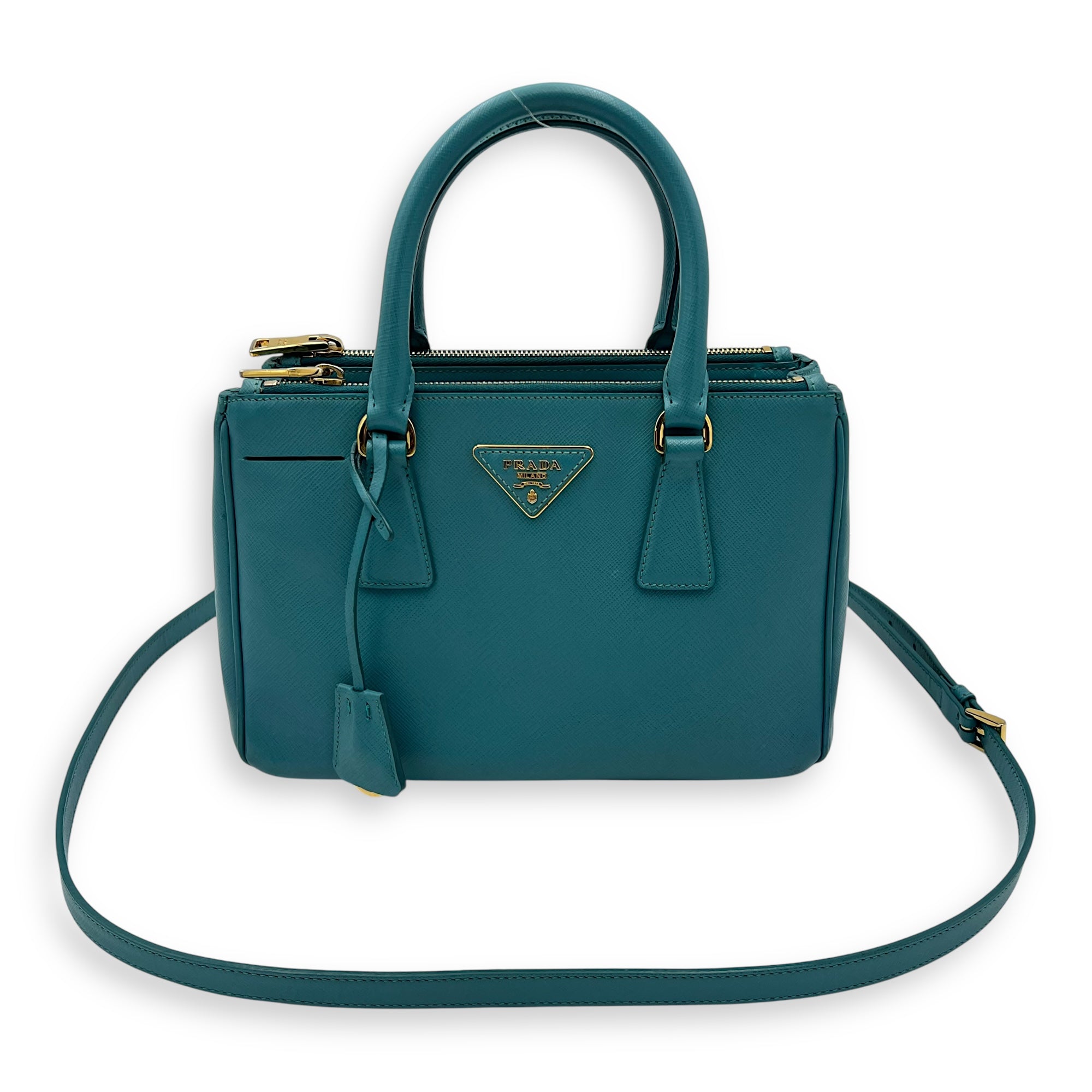 Prada Galleria Top Handle Bag Blue in Saffiano Leather, Gold hardware_14