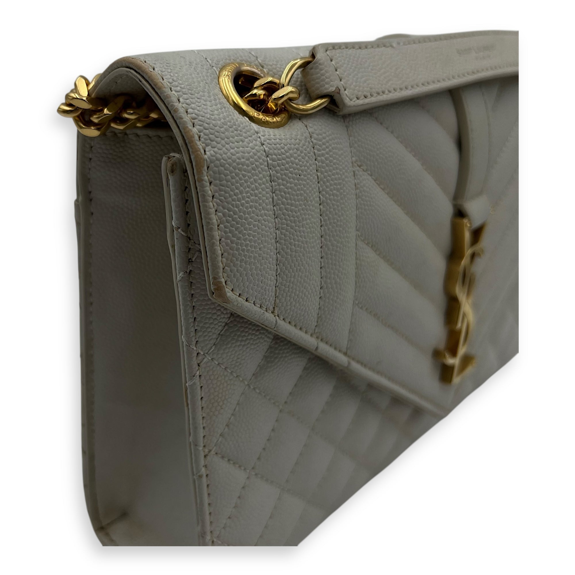 Saint Laurent Envelope Shoulder Bag White in Caviar Leather, Gold hardware_15