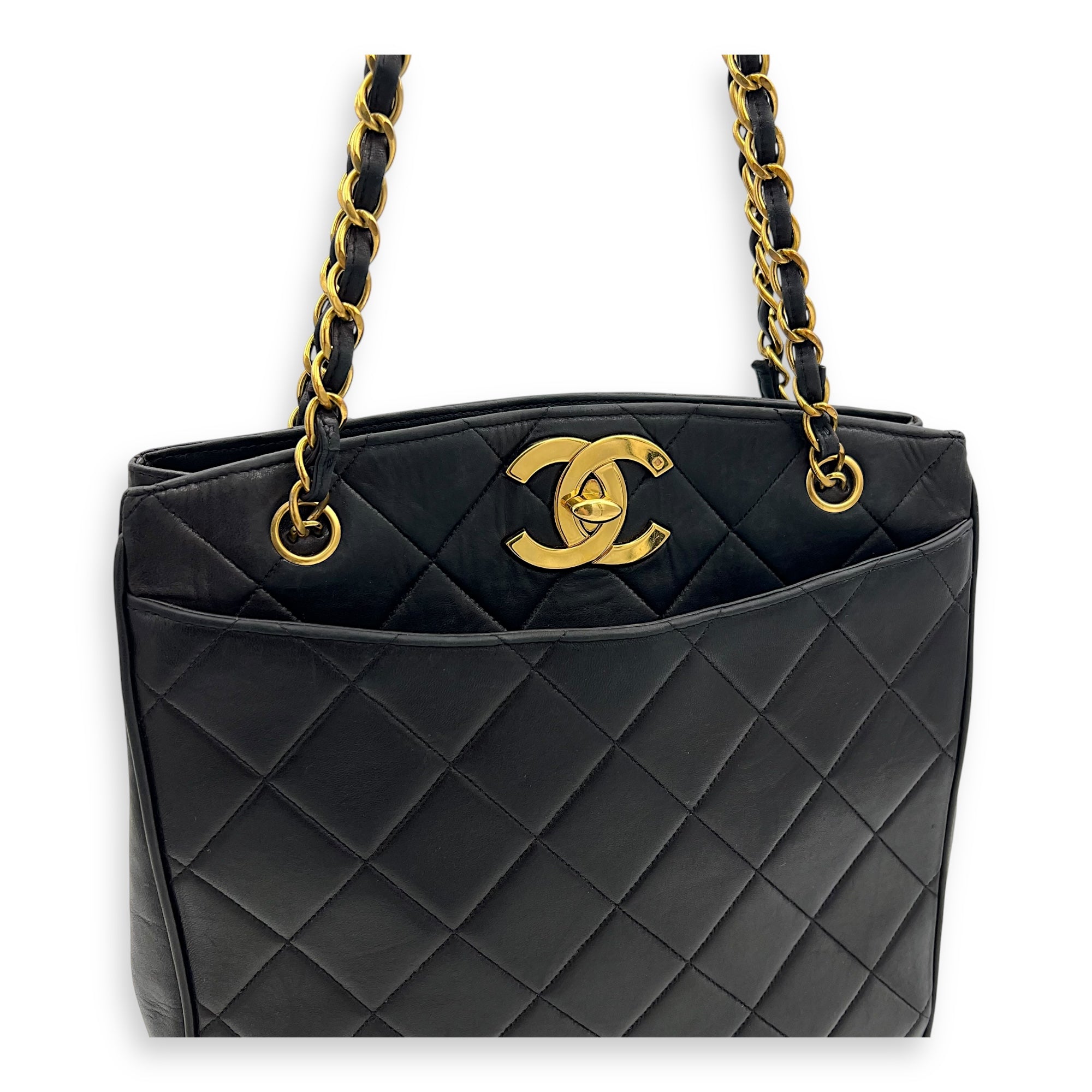 Chanel Vintage Big CC Tote Bag Black in Lambskin, Gold hardware_7