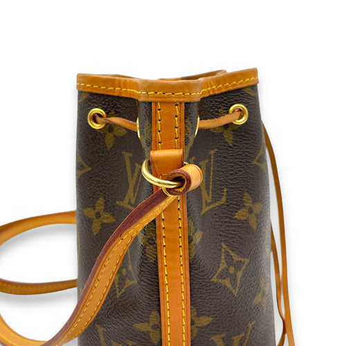 Noe Nano Brown Bucket Bag in Monogram Coated Canvas, Gold hardware