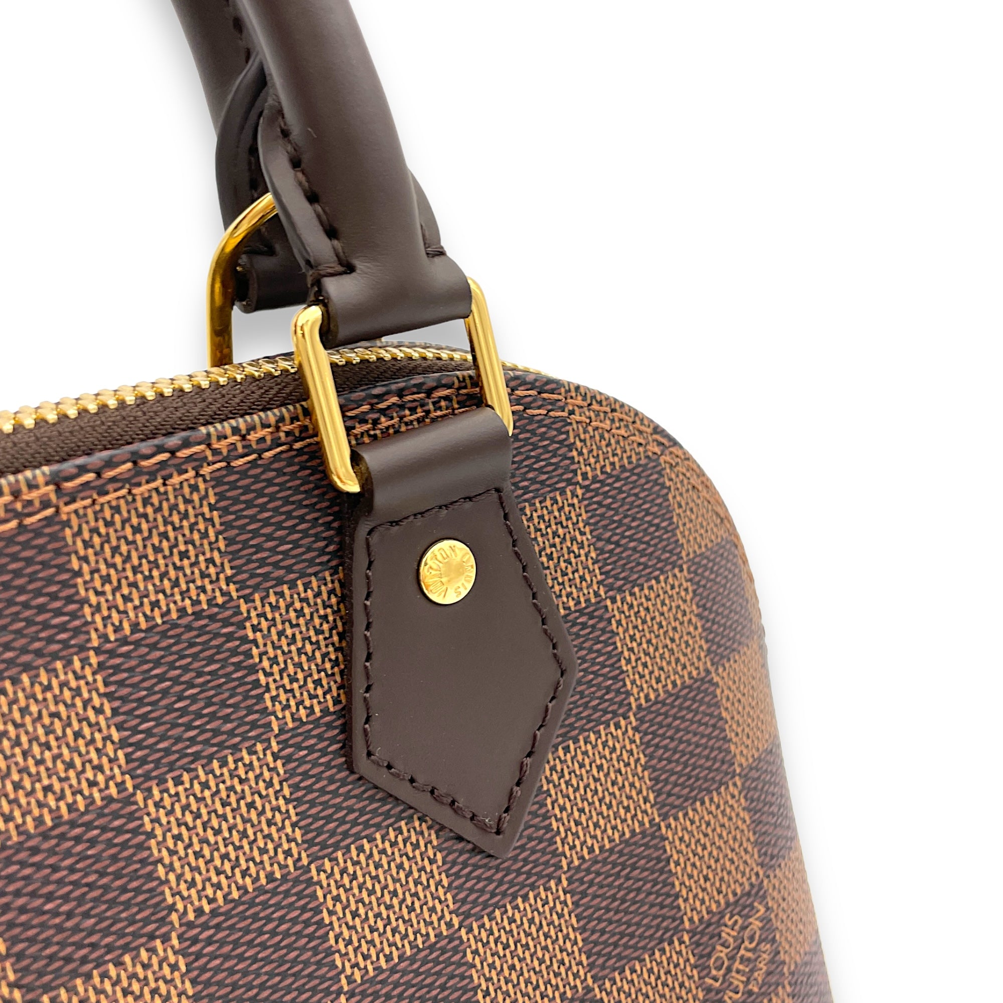 Alma Top Handle Bag BB Damier Ebene in Coated Canvas, Gold hardware