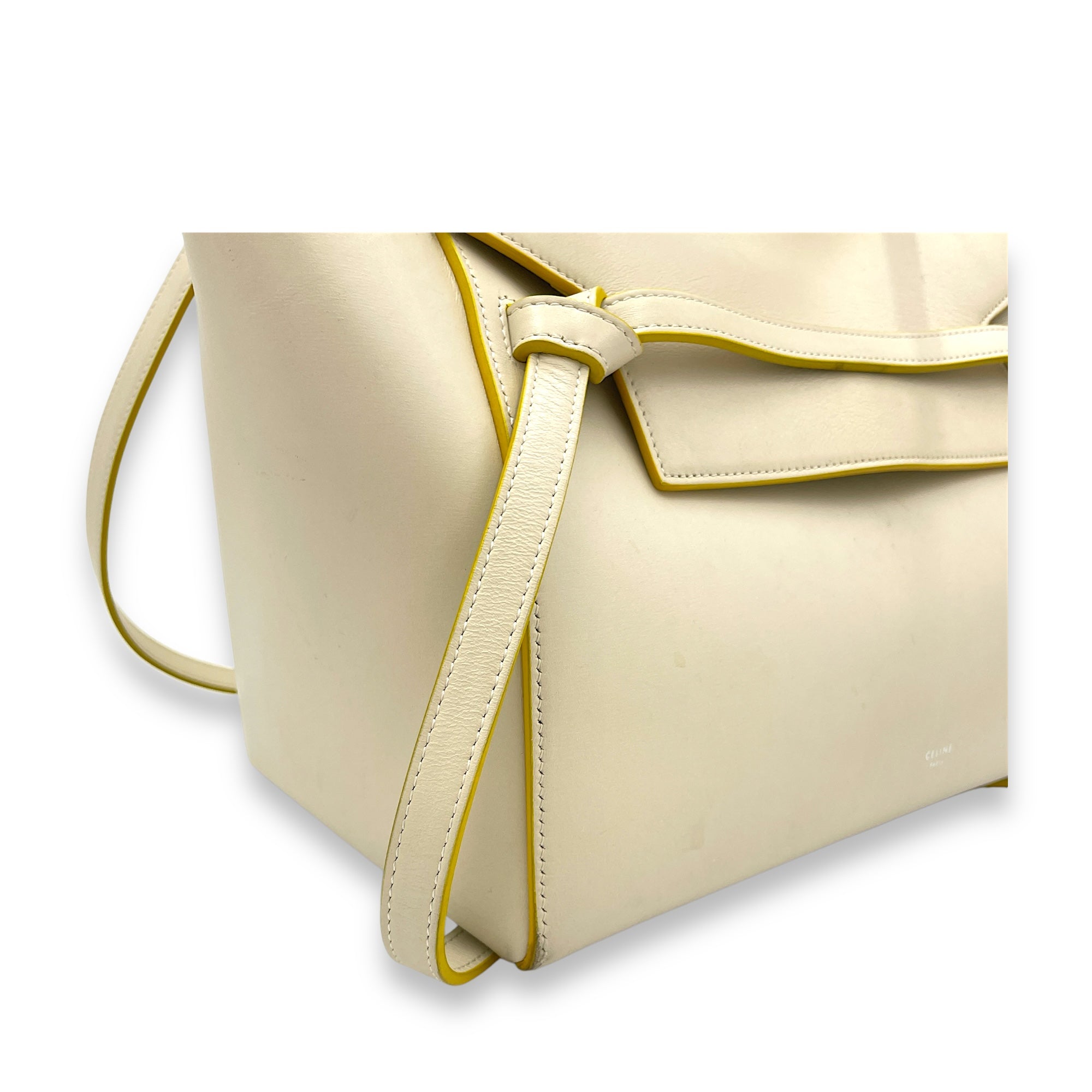 Belt Mini White Top Handle Bag in Calfskin, Silver hardware