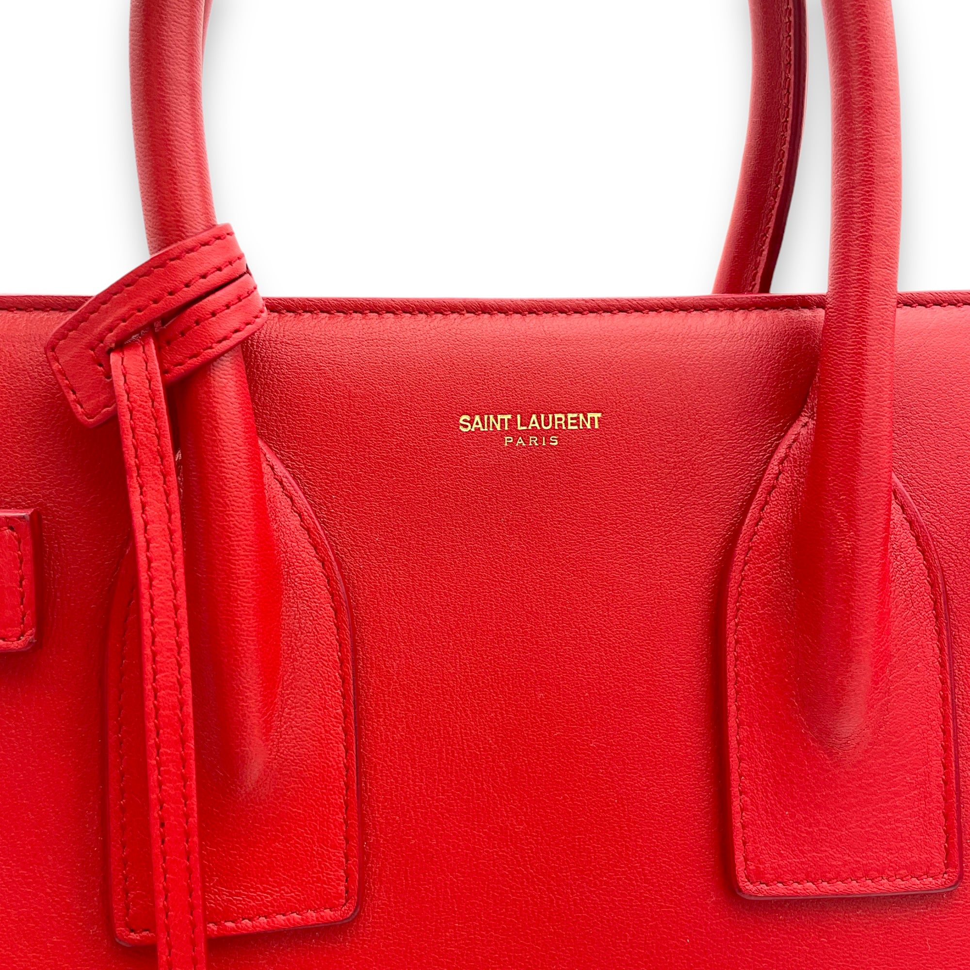 Sac de Jour Medium Red Top Handle Bag in Calfskin, Gold hardware