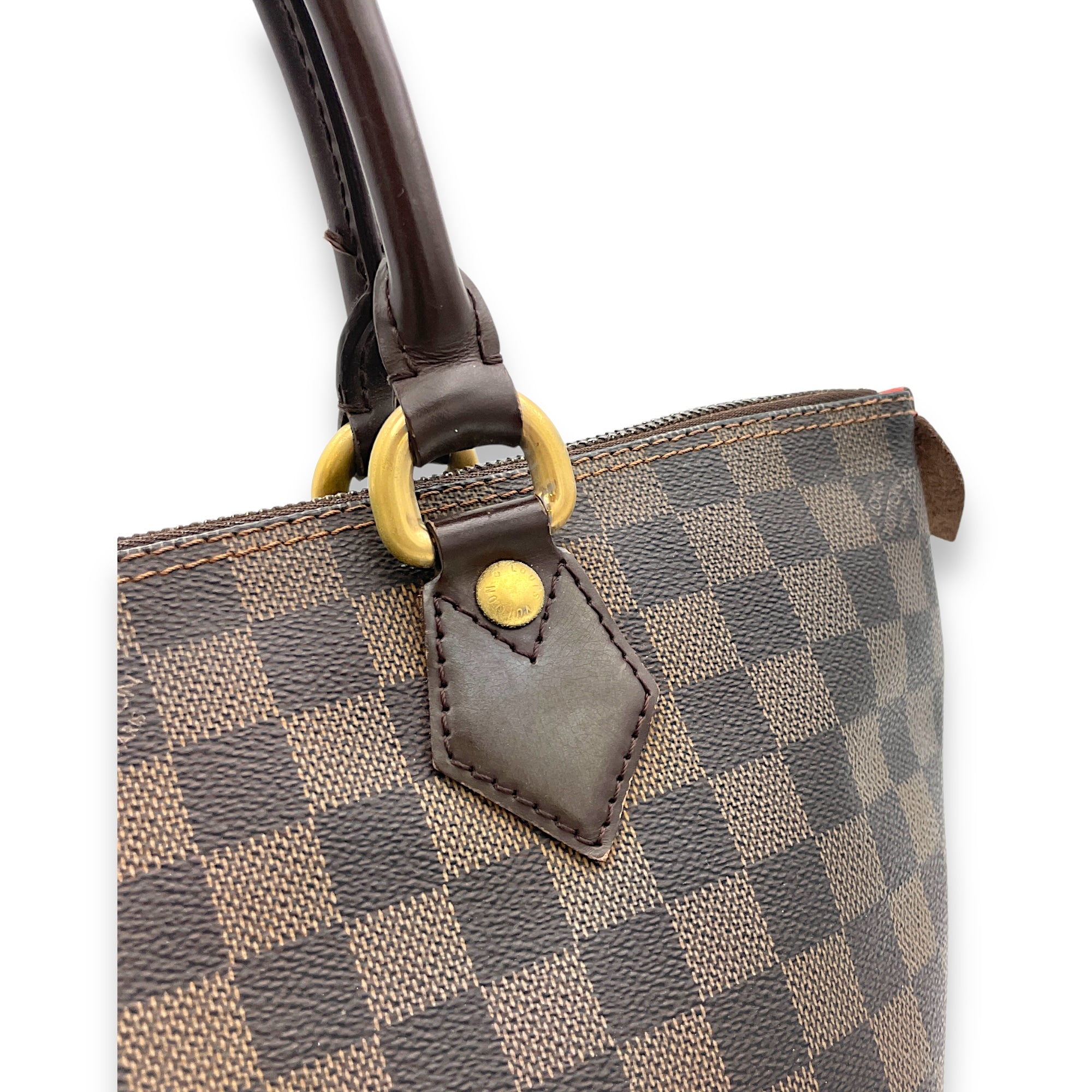 Saleya Top Handle Bag Damier Ebene in Coated Canvas, Gold hardware