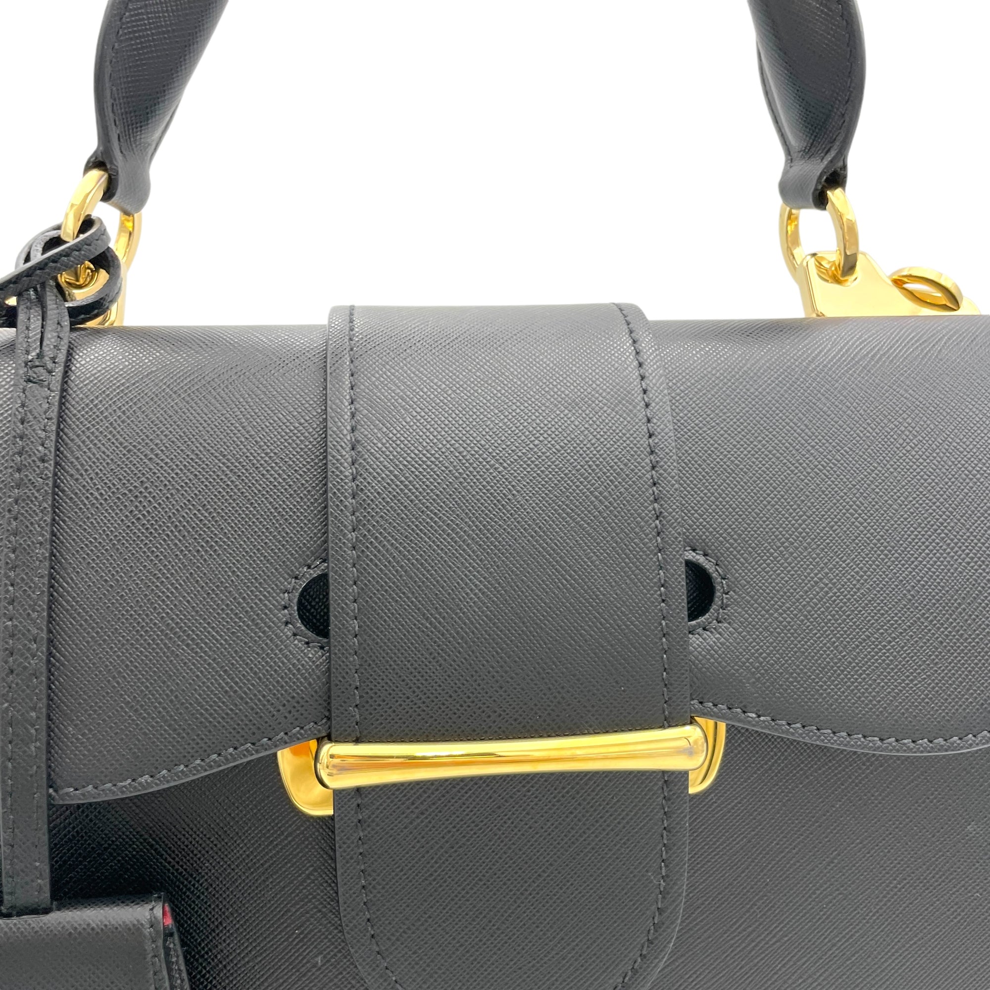 Sidonie Large Black Top Handle Bag in Saffiano Leather, Gold hardware