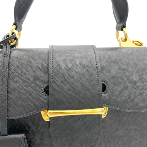 Sidonie Large Black Top Handle Bag in Saffiano Leather, Gold hardware