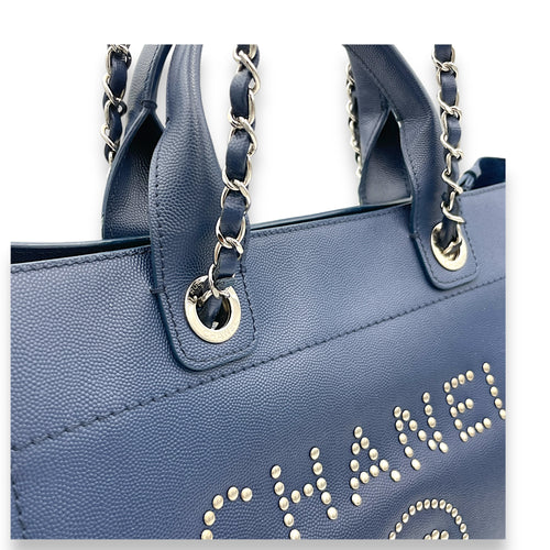 Deauville Top Handle Bag Blue in Caviar Leather, Silver hardware