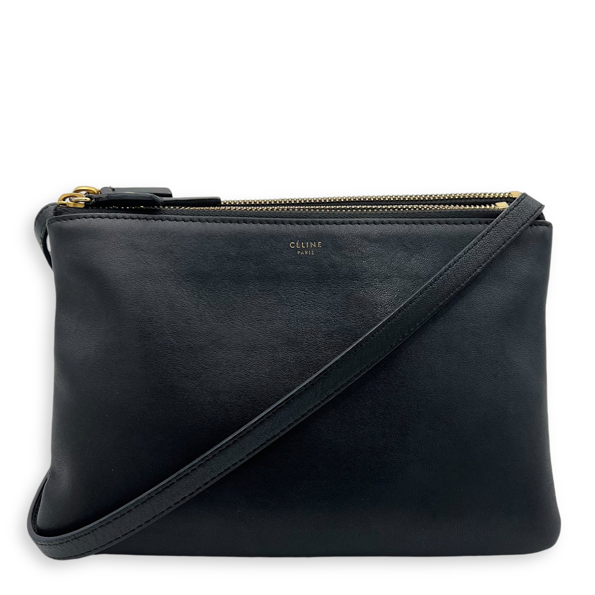 Celine Trio Black Crossbody Bag in Lambskin, Gold hardware_1