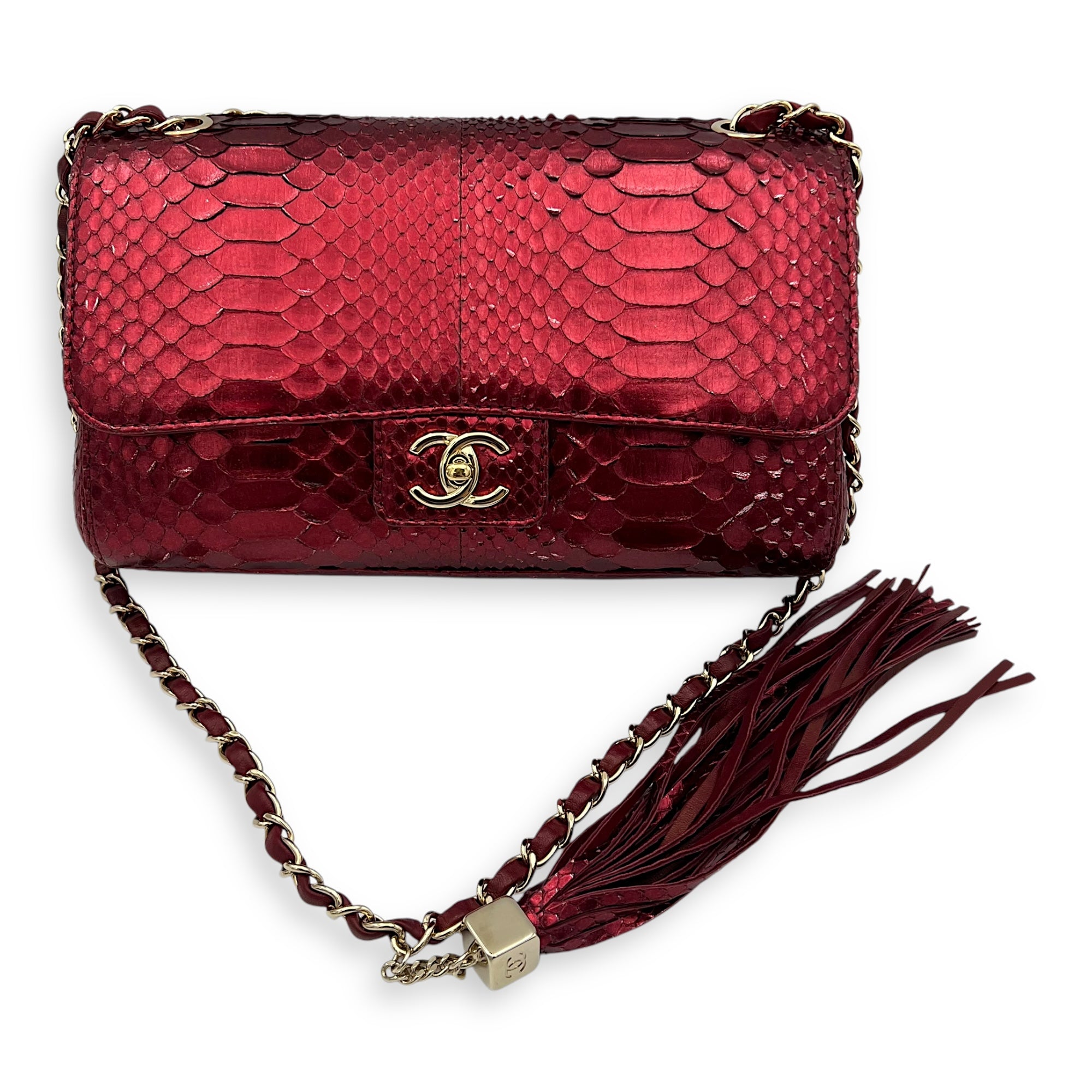 Chanel Classic Red Shoulder Bag in Python Leather, Gold hardware_12