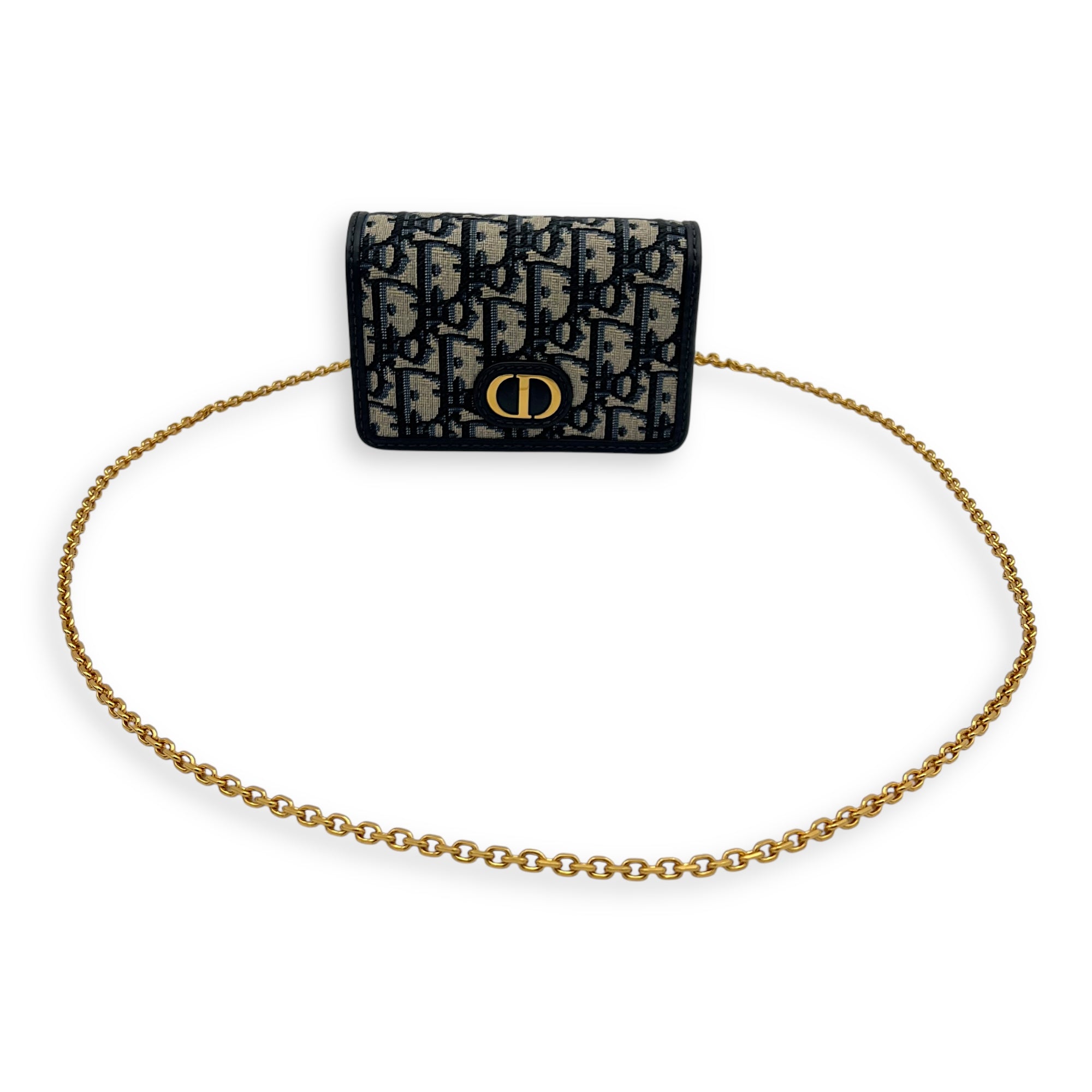 Christian Dior 30 Montaigne Wallet On Chain Blue in Jacquard, Gold hardware_11