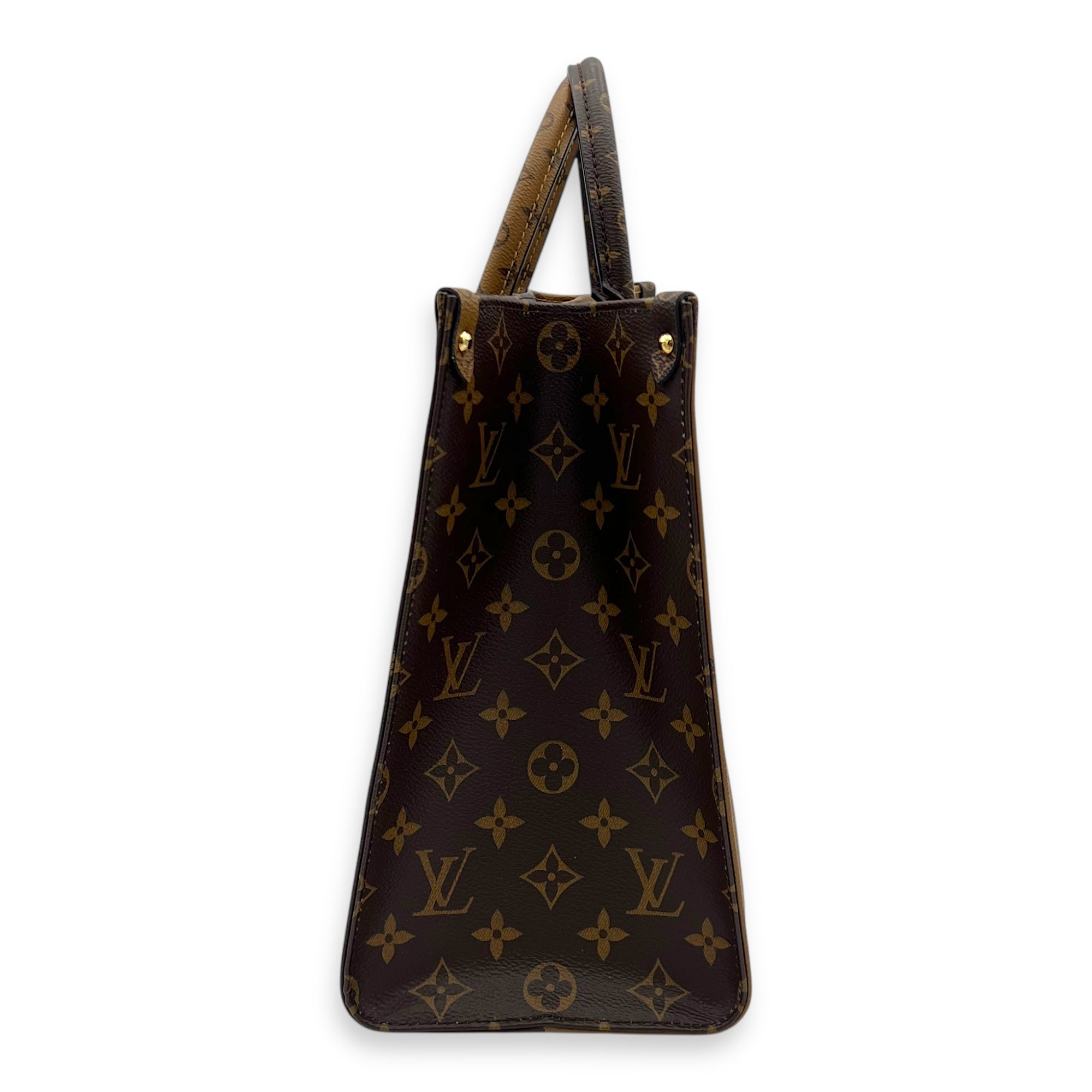 Louis Vuitton OnTheGo Top Handle Bag Brown in Coated Canvas, Gold hardware_3