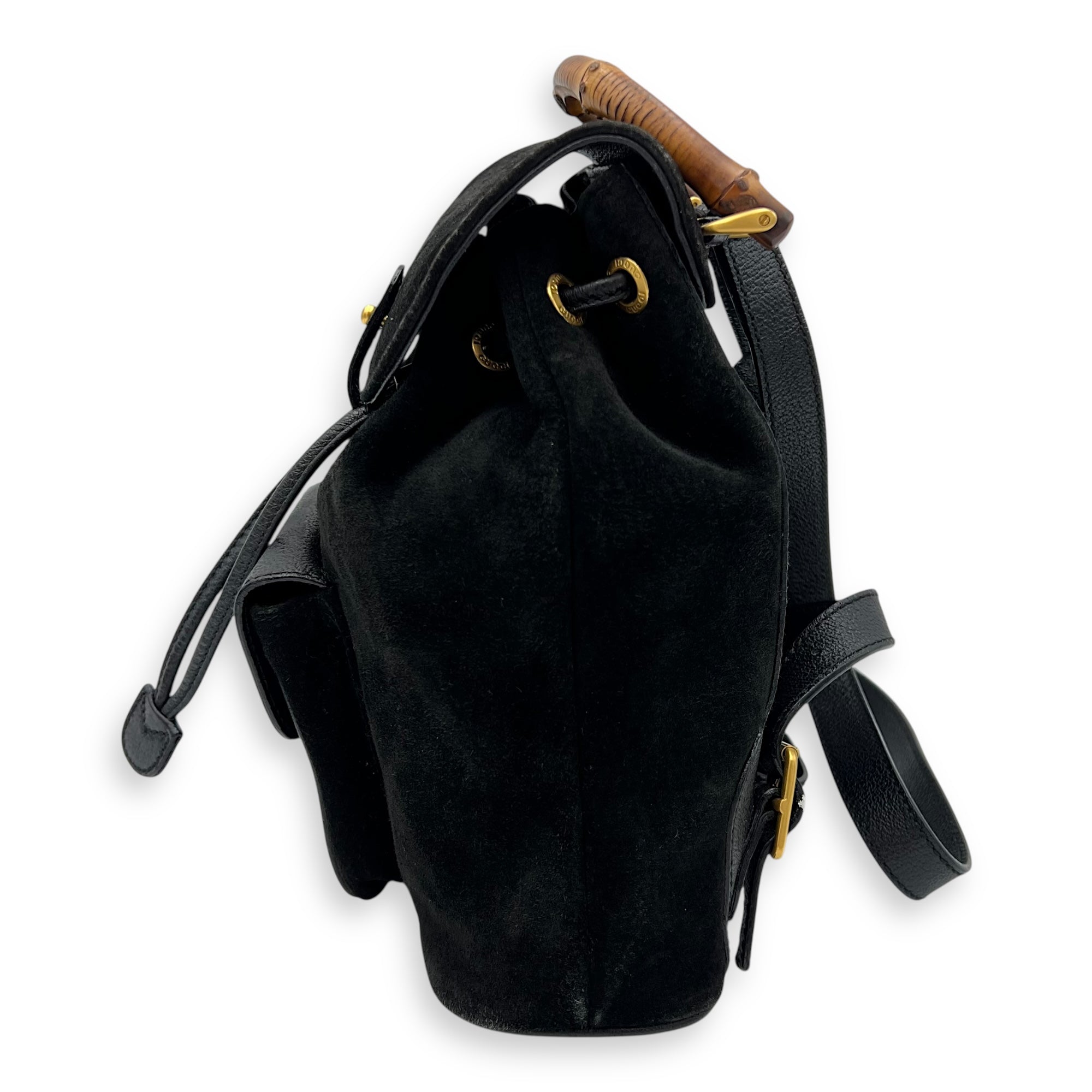Gucci Bamboo Backpack Black in Suede Leather, Gold hardware_3