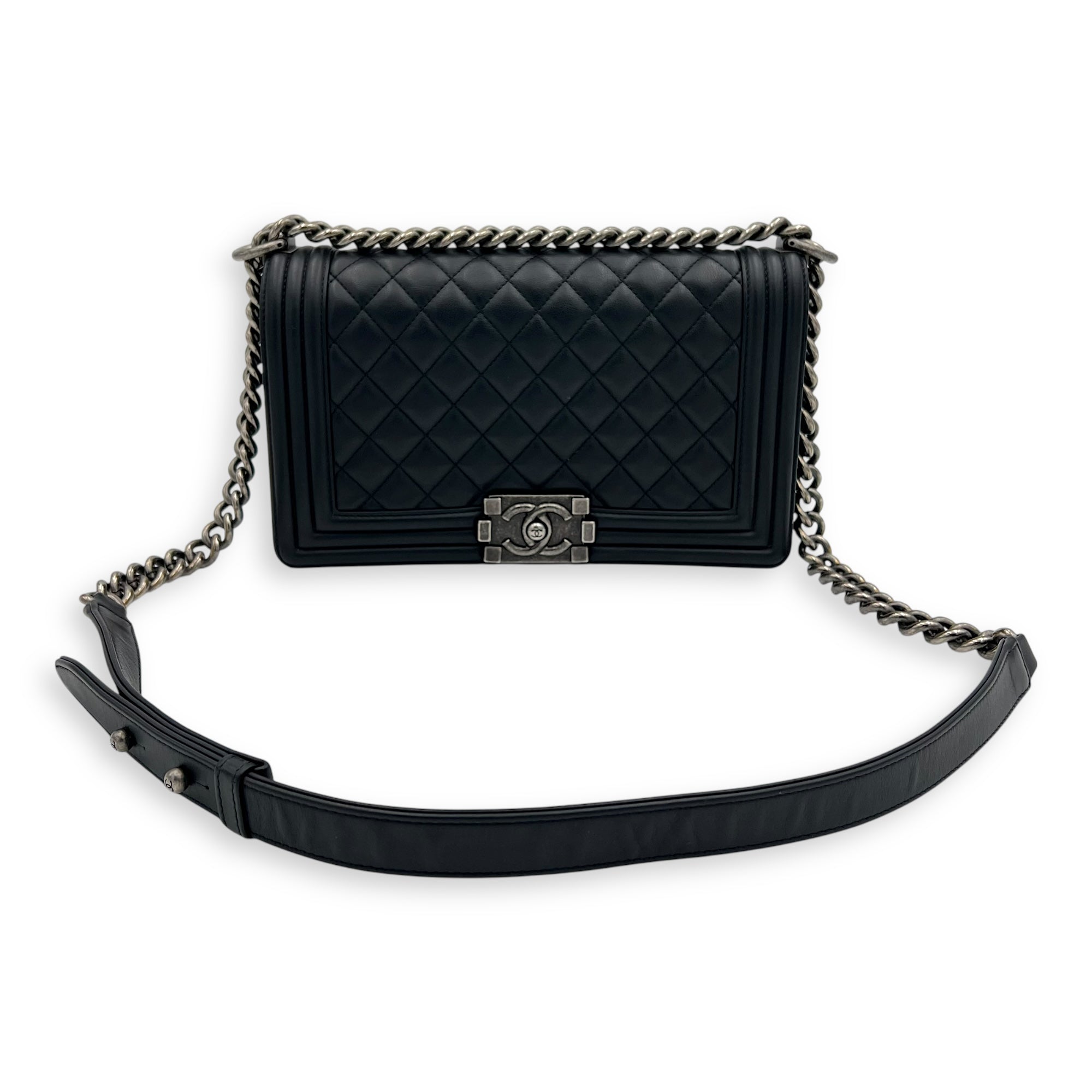Chanel Boy Medium Black Shoulder Bag in Lambskin, Ruthenium hardware_12