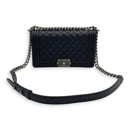 Chanel Boy Medium Black Shoulder Bag in Lambskin, Ruthenium hardware_12